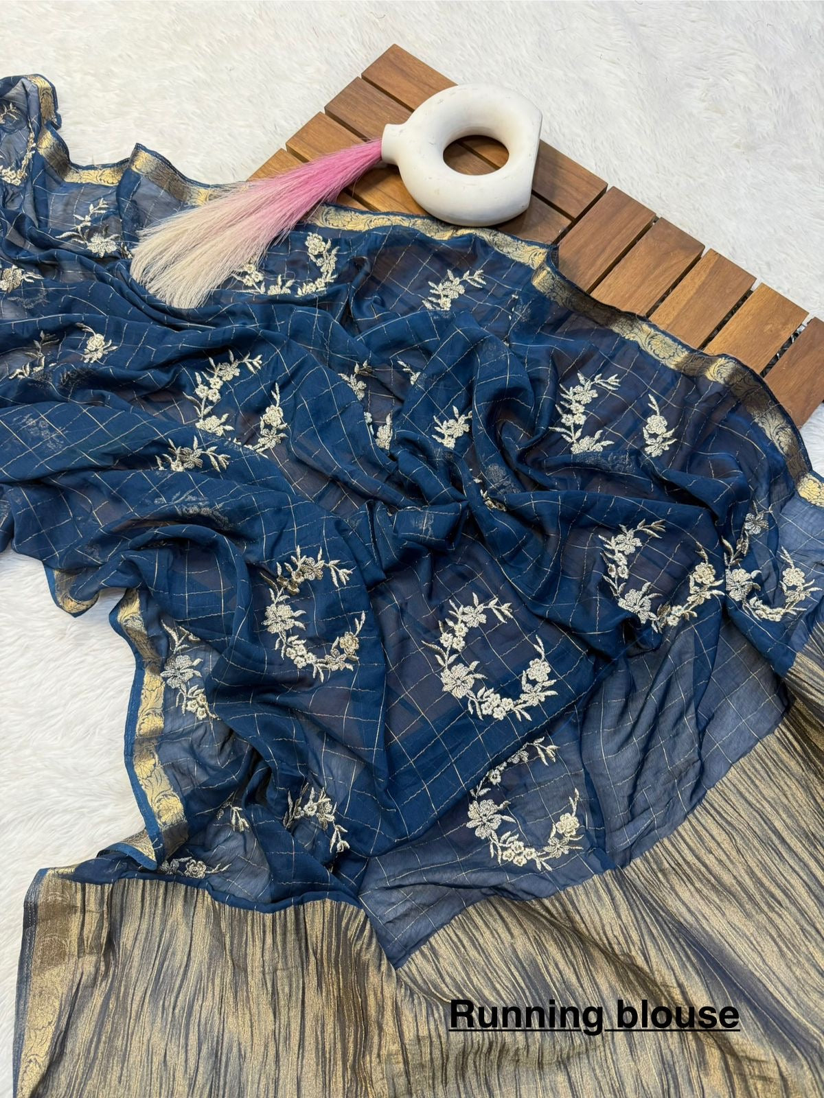 Pure chinnon Viscose Chex embroidery Squence Saree With viscose butti blouse