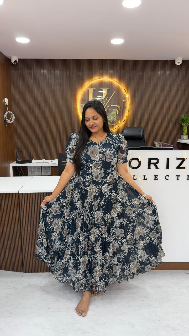 Georgette frocks with full flare and embroidery all over the dress