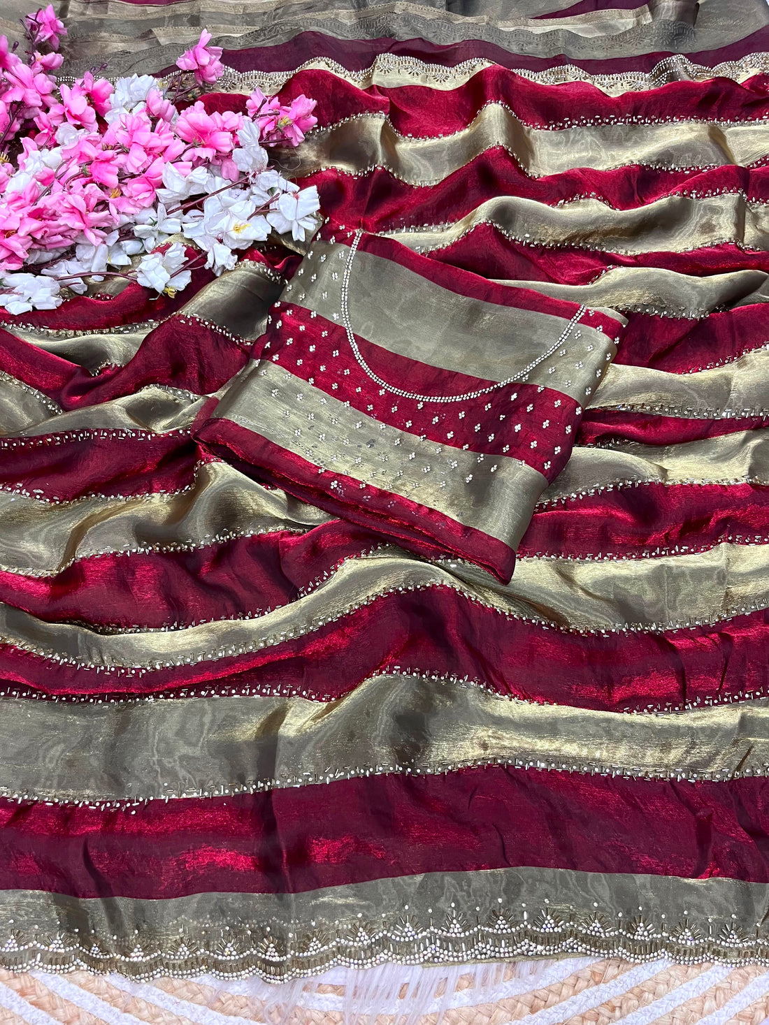 Space soft Silk Blooming With Beautiful jarkhan Work With Siroski Work(NON-STORE)