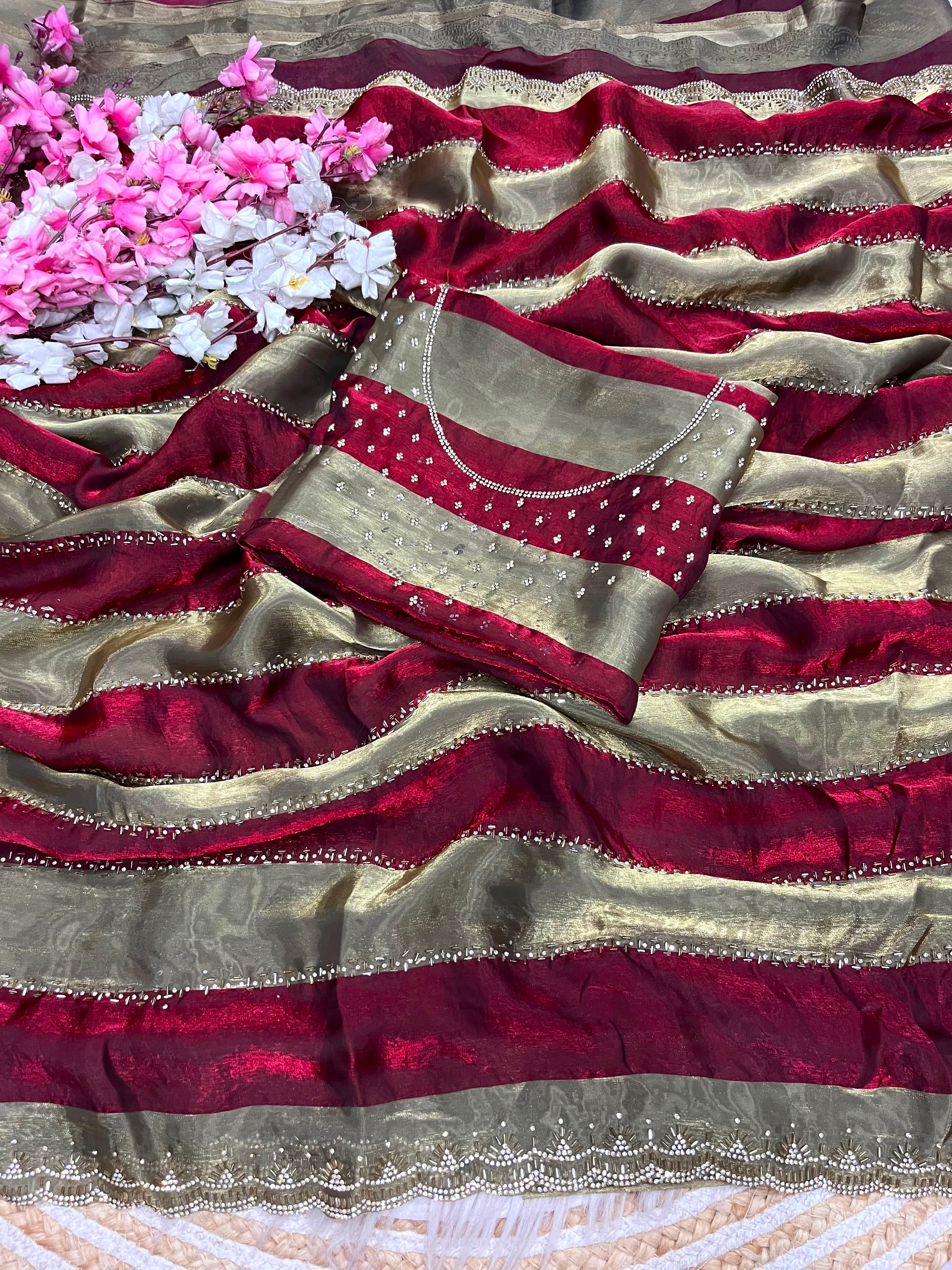 Space soft Silk Blooming With Beautiful jarkhan Work With Siroski Work(NON-STORE)