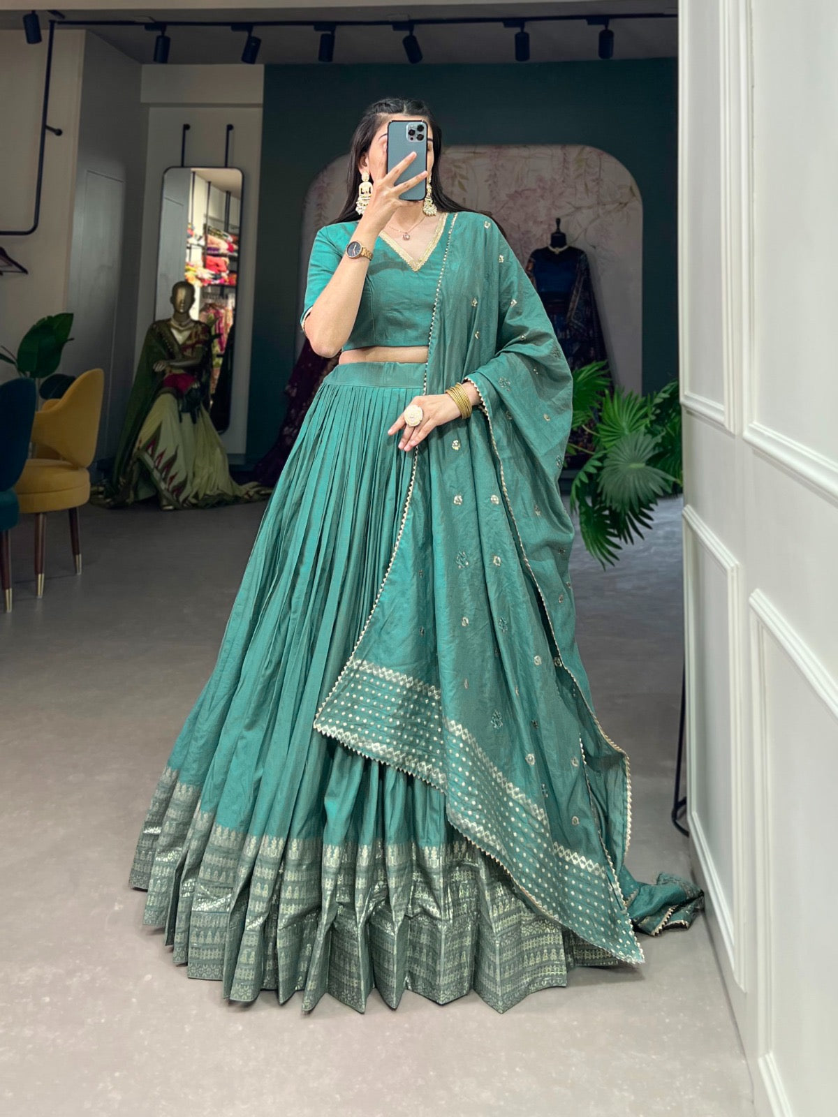Pure Chanderi Plain Lehenga with Intricate Zari Work Border, Accompanied by Sequin Embellished Dupatta