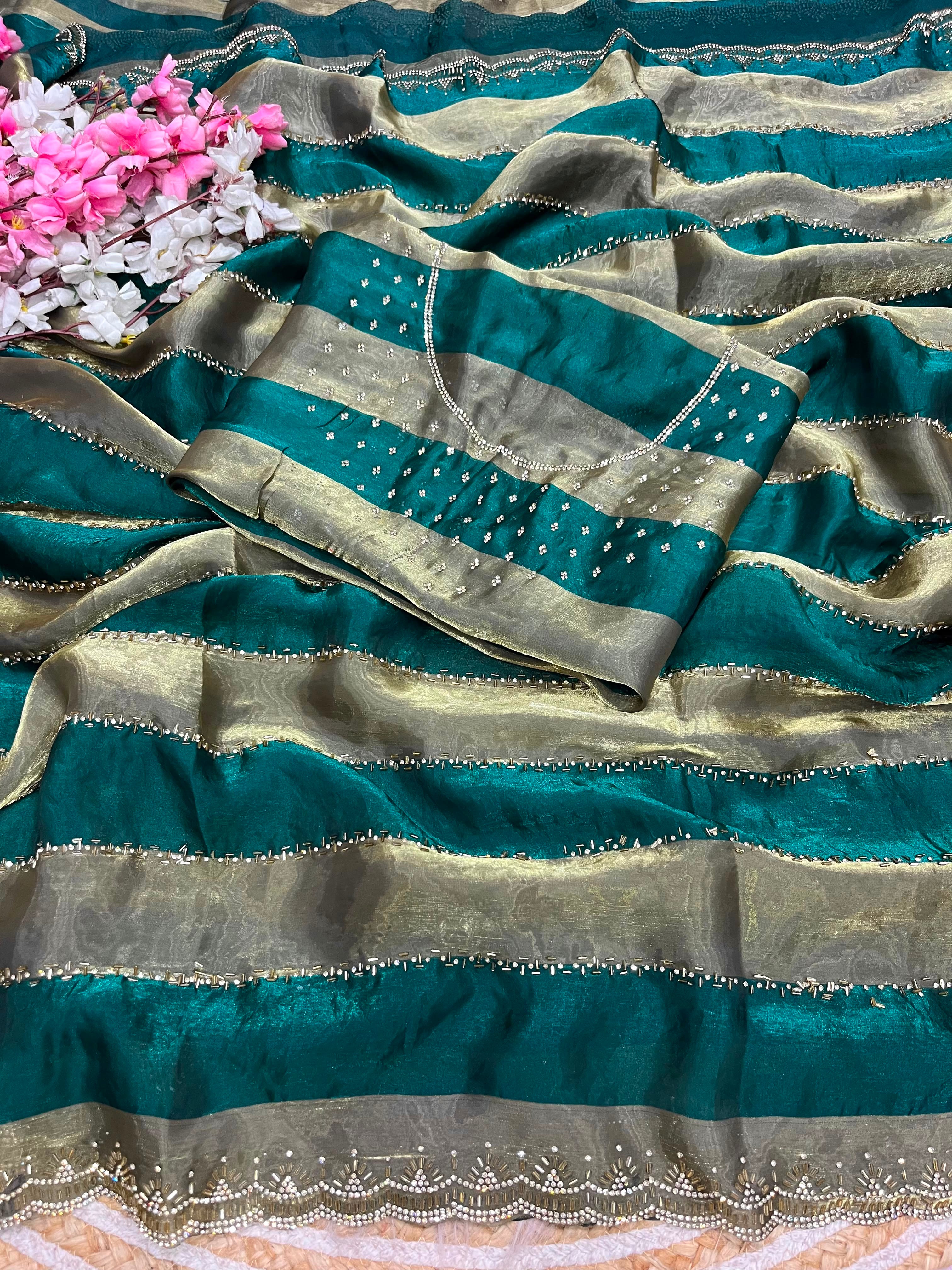Space soft Silk Blooming With Beautiful jarkhan Work With Siroski Work(NON-STORE)