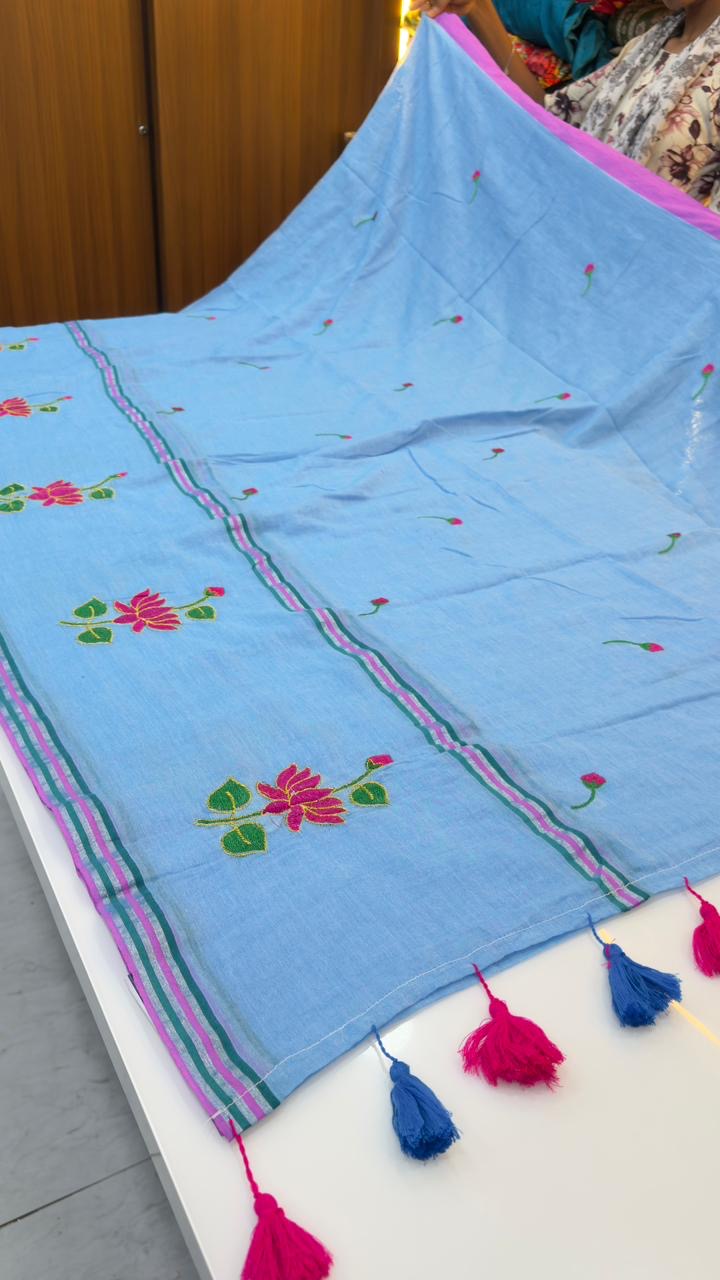 Mul cotton with thread embroidery sarees