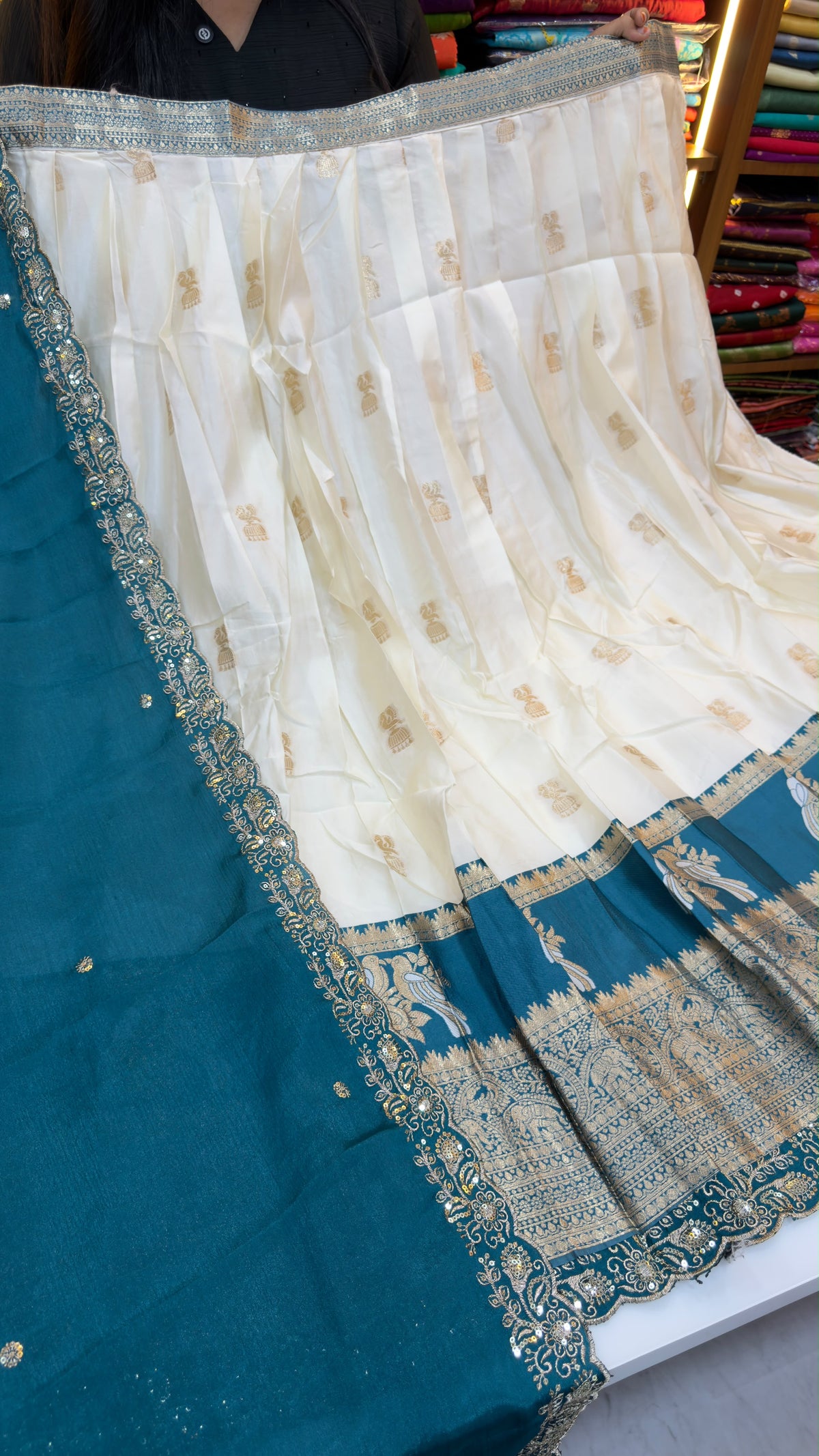 Cream Pattu Lehenga