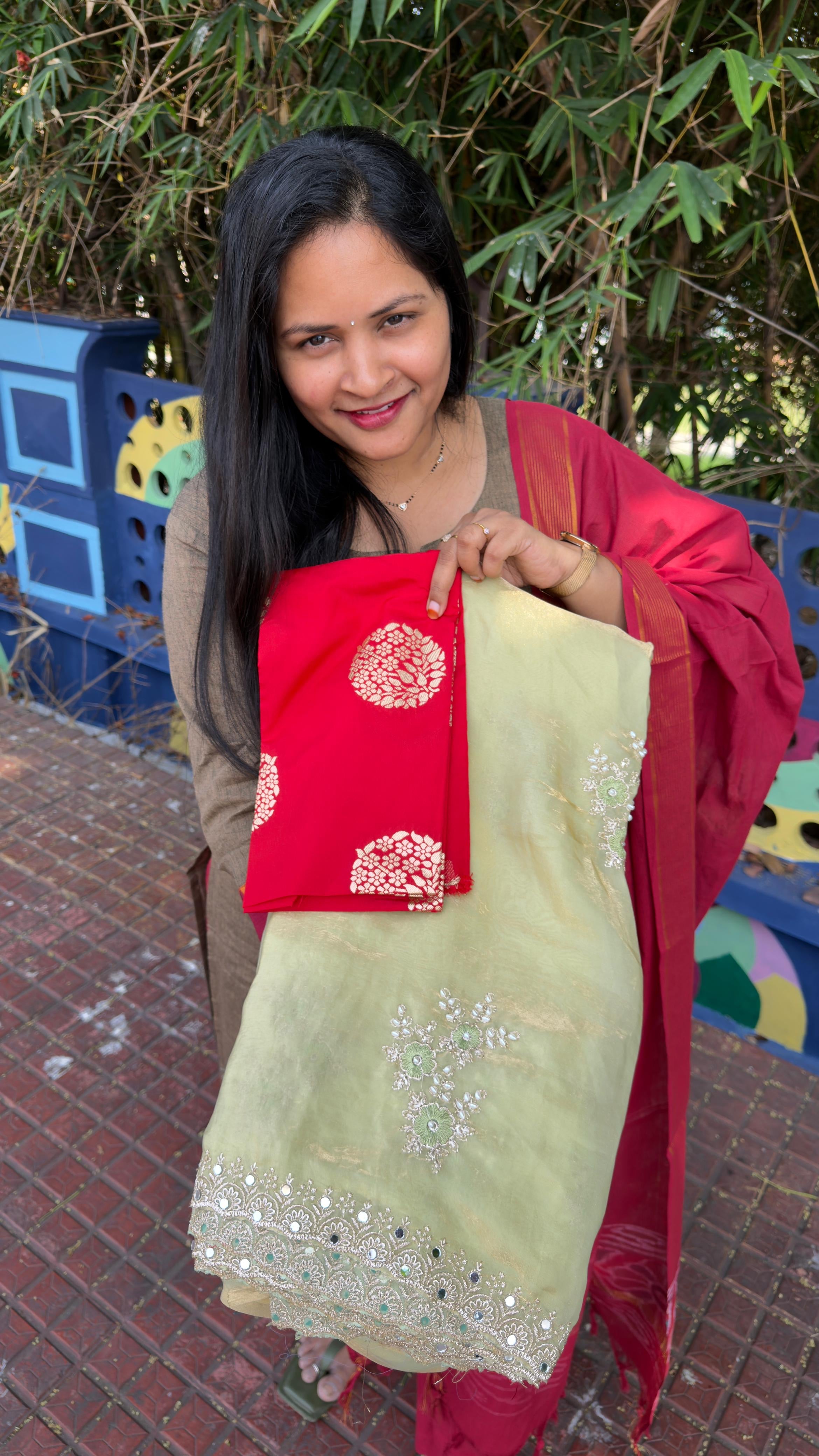Glass tissue sarees with contrast Banarasi blouse