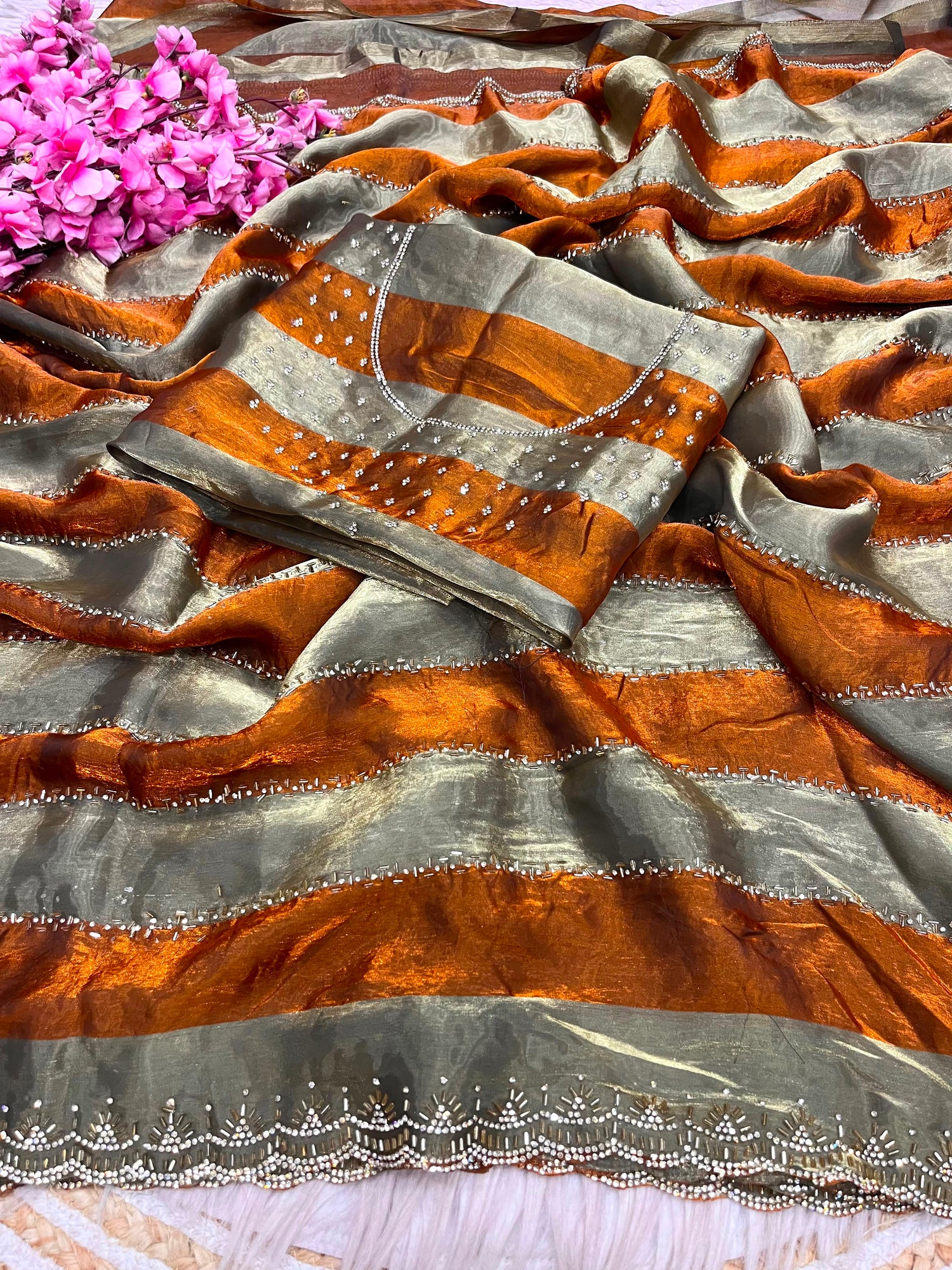 Space soft Silk Blooming With Beautiful jarkhan Work With Siroski Work(NON-STORE)