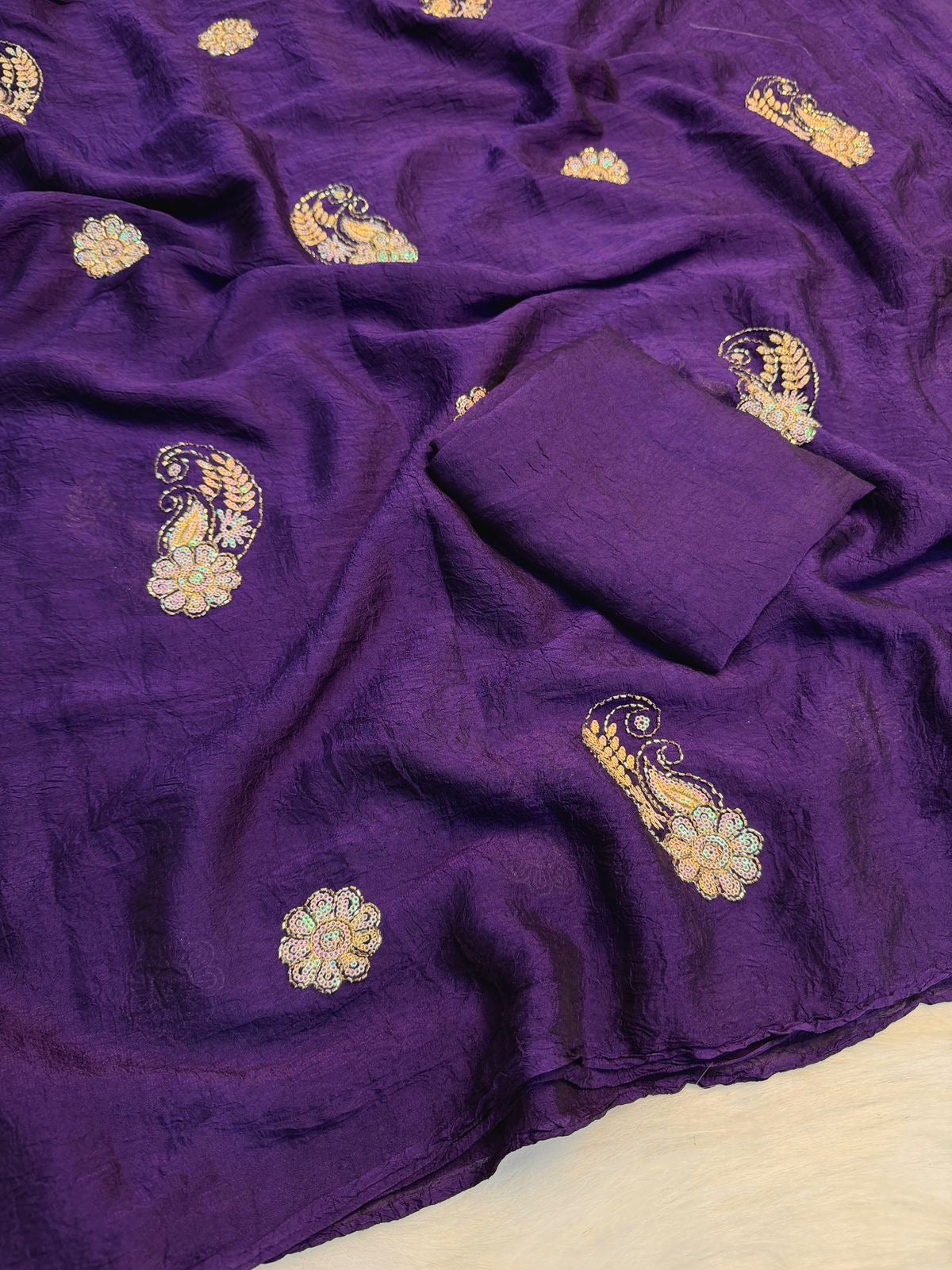 Soft crush silk embroidery and cut Dana work saree with plain running blouse(Non-Store)