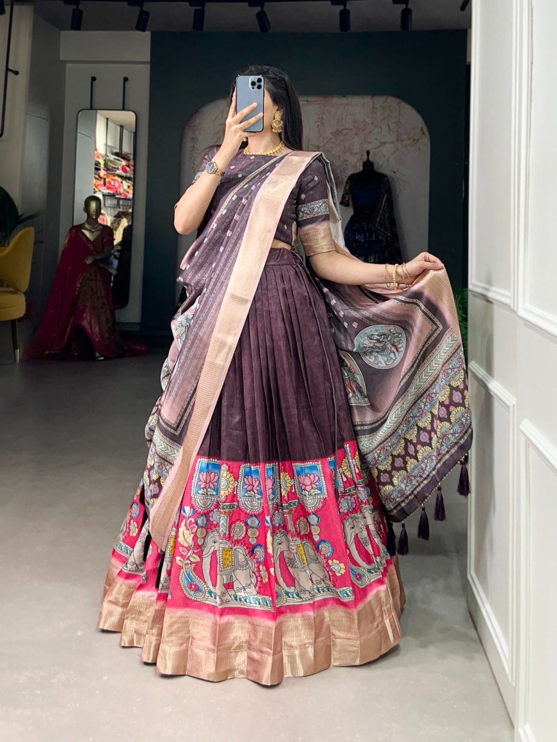 Kalamkari Design Lehengas In Dola
