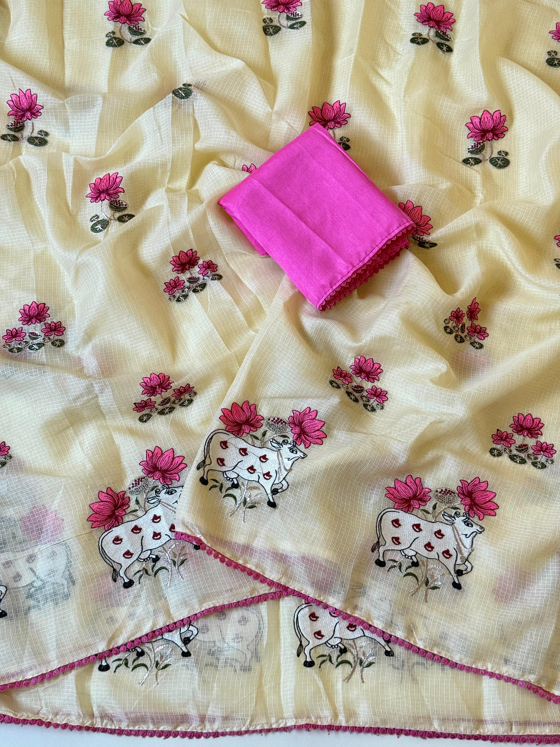 Light Weight Kota Chex Fabric With Beautiful Multi Color Embroidery Work