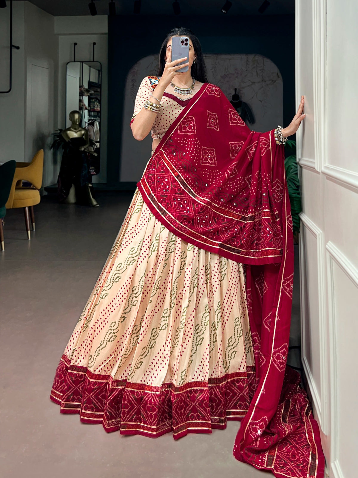 Tasar Silk traditional Bandhej Print lehenga with Gotta Patti Lace(NON-STORE)