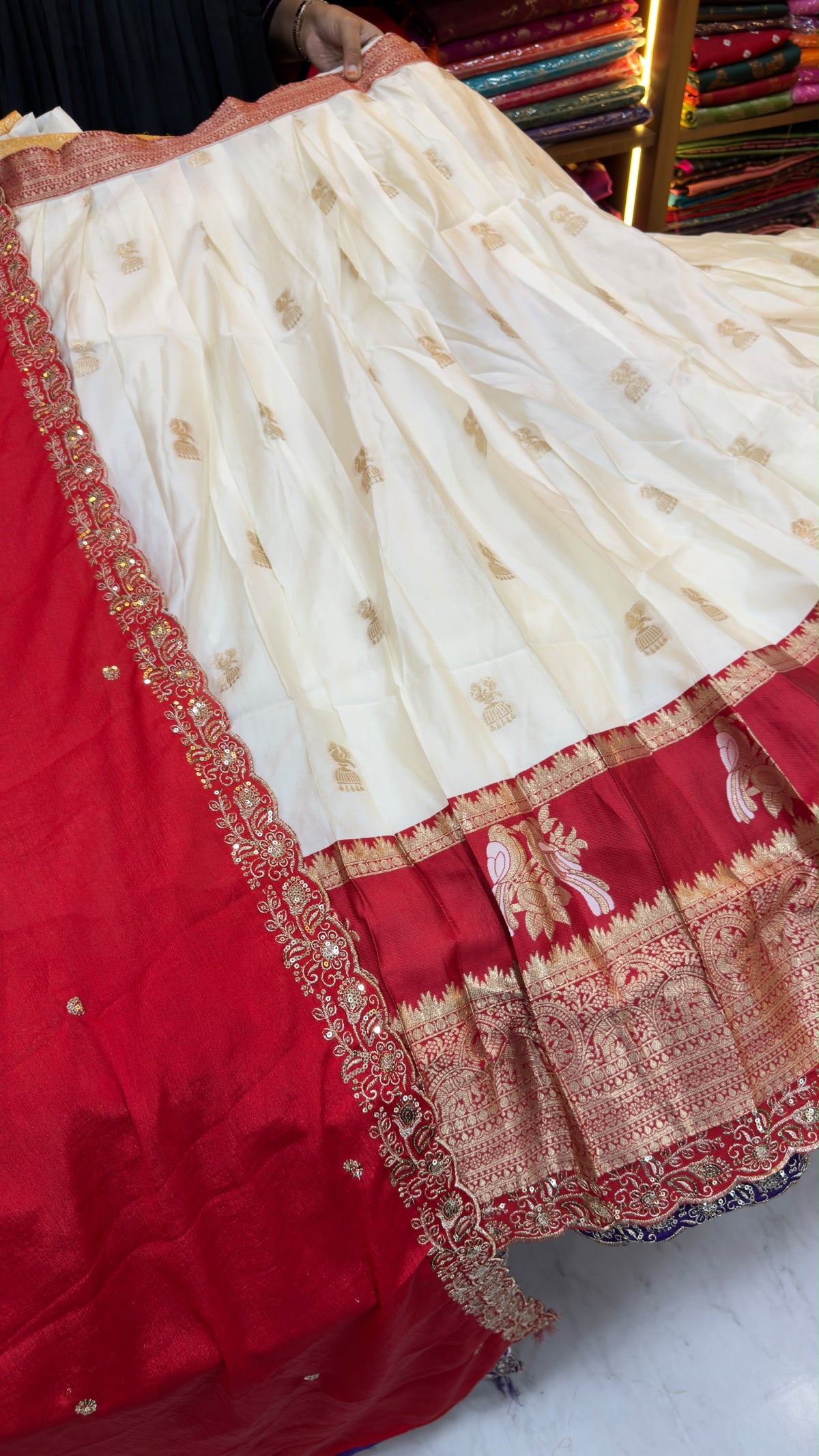 Cream Pattu Lehenga