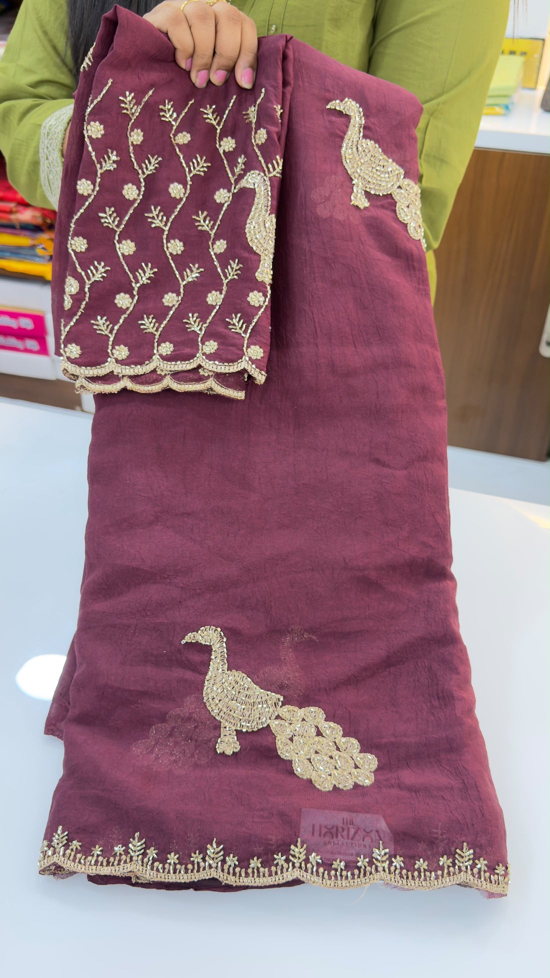 Wrinkle Crush party wear saree with maggam work