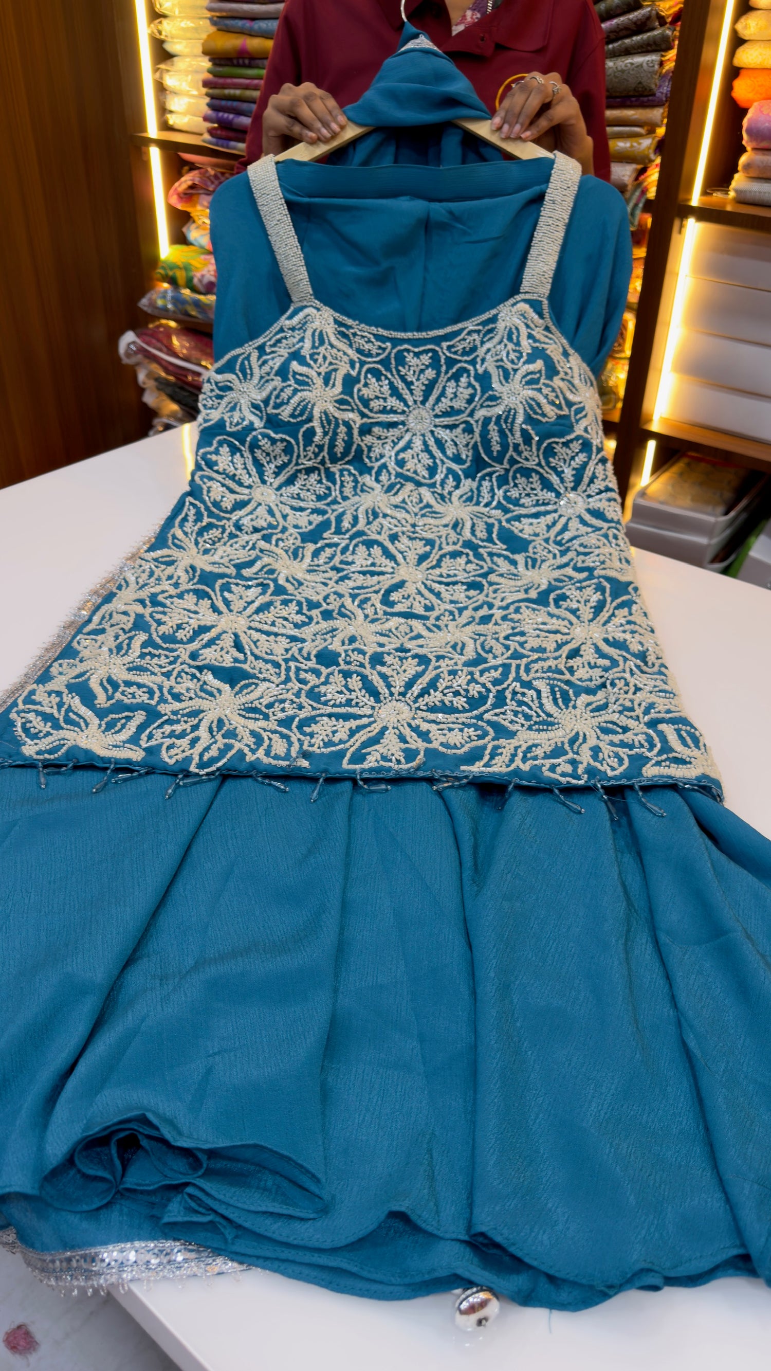 Blue Sharara with heavy beads work