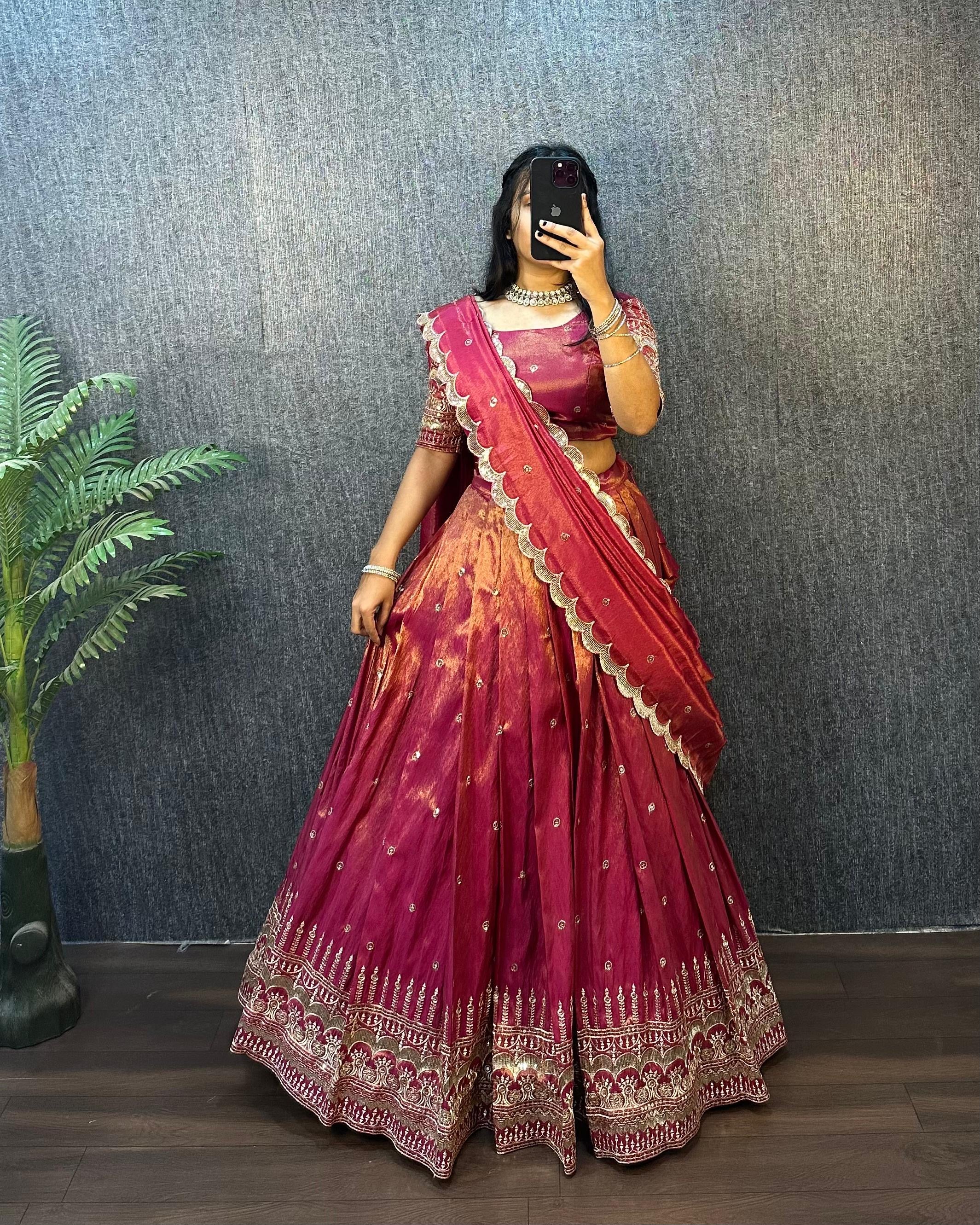 TISSU SILK WITH EMBROIDERY SEQUENCE WORK REAFY TO WEAR LEHENGA