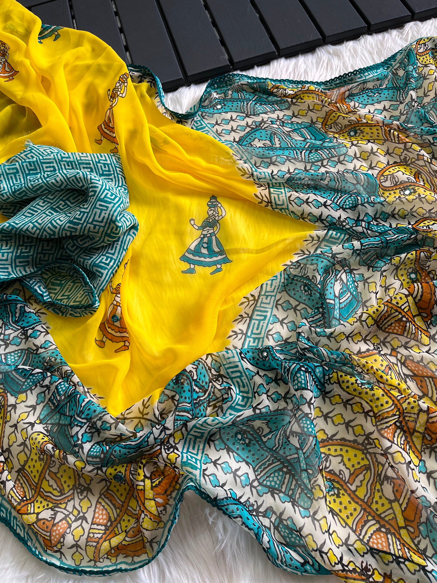 Beautiful traditional kalamkari pure georgette saree with foil mirror work(NON-STORE)