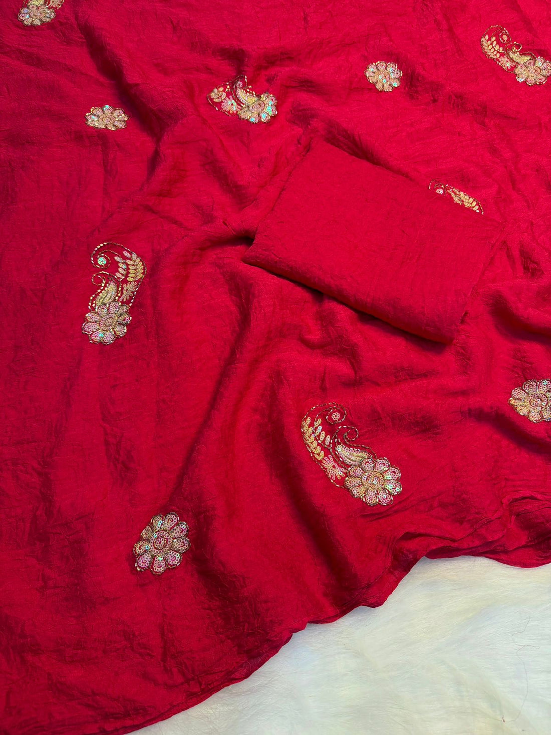 Soft crush silk embroidery and cut Dana work saree with plain running blouse(Non-Store)