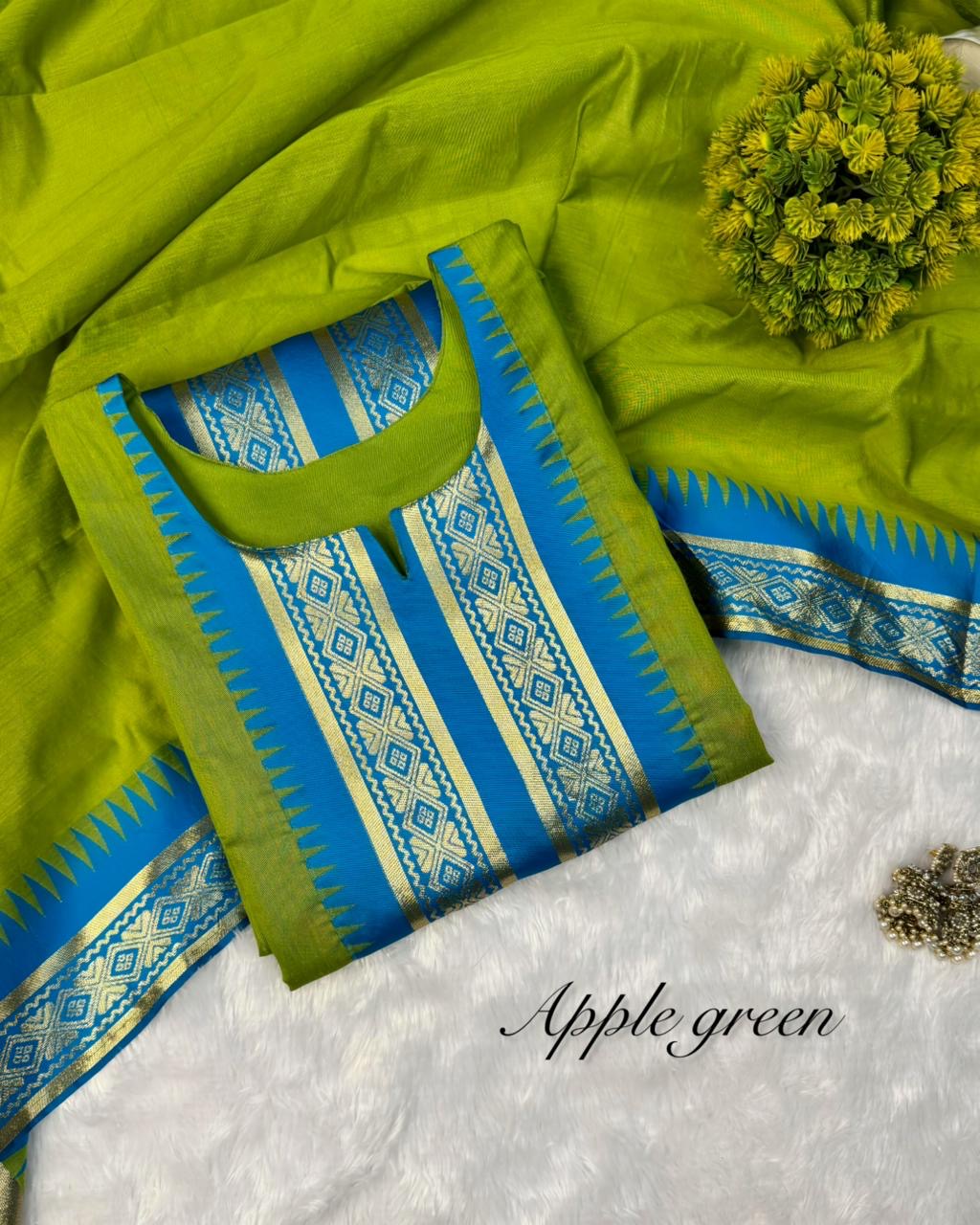 pure silk cotton Kurti set with zari kanchi border work and beautiful contrast zari weaving dupatta