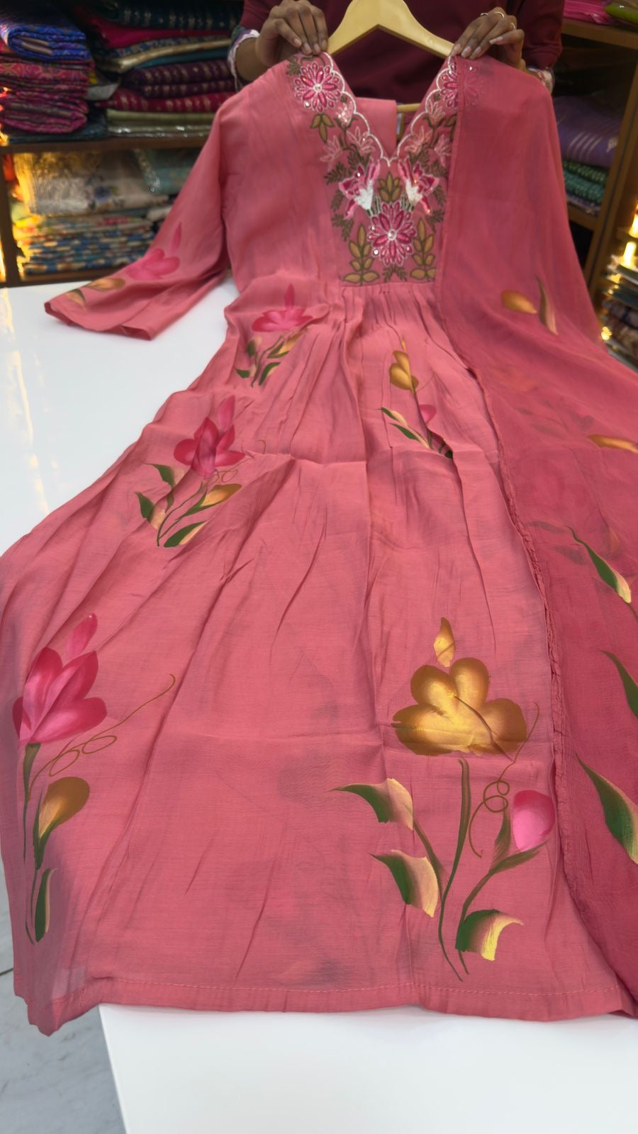 Mull Chanderi 3 piece set with hand paint design