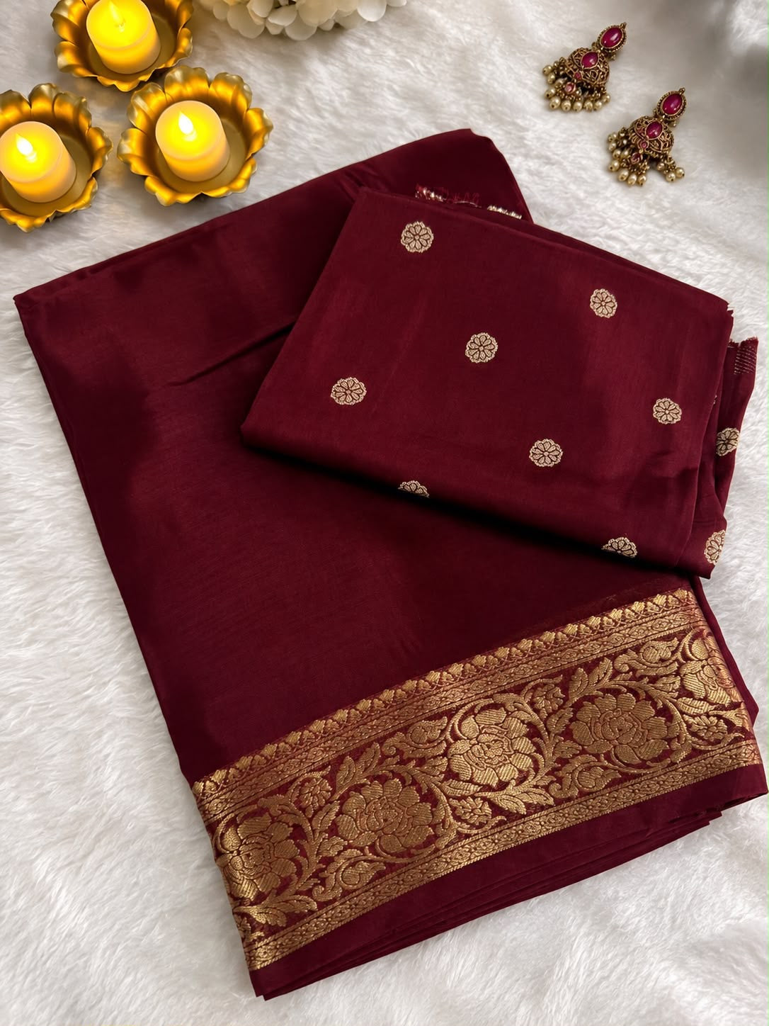 Mysore Crepe Viscose Saree With Weaving Butti Viscose Blouse(NON-STORE)