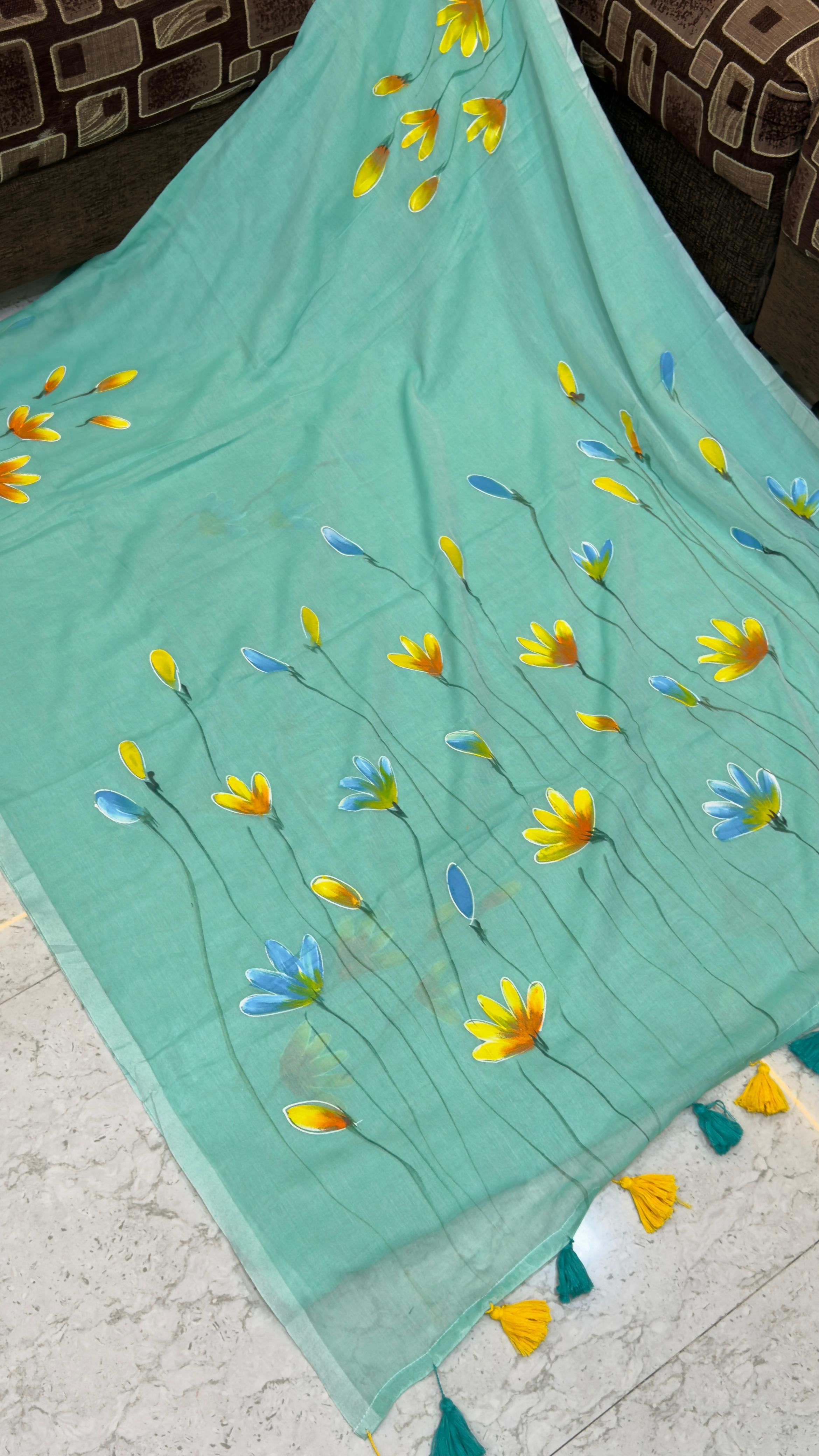 Hand paint Mul cotton saree