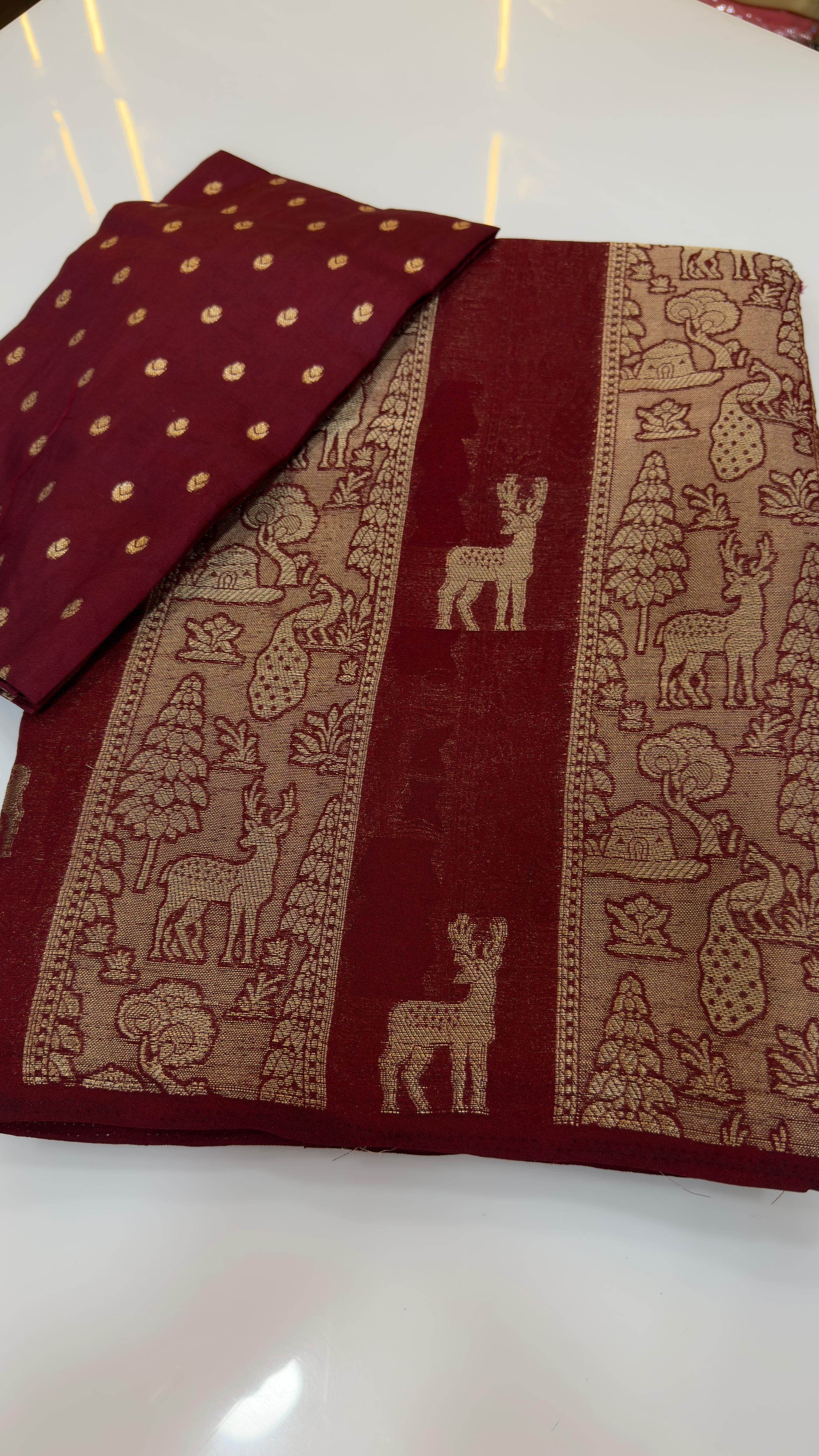 Jungle theme Stripes Banarasi Saree