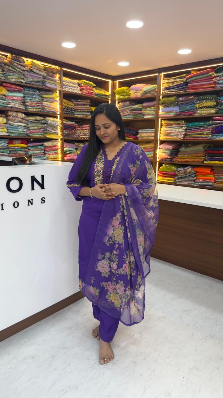 Raw silk 3 piece set with thread embroidery