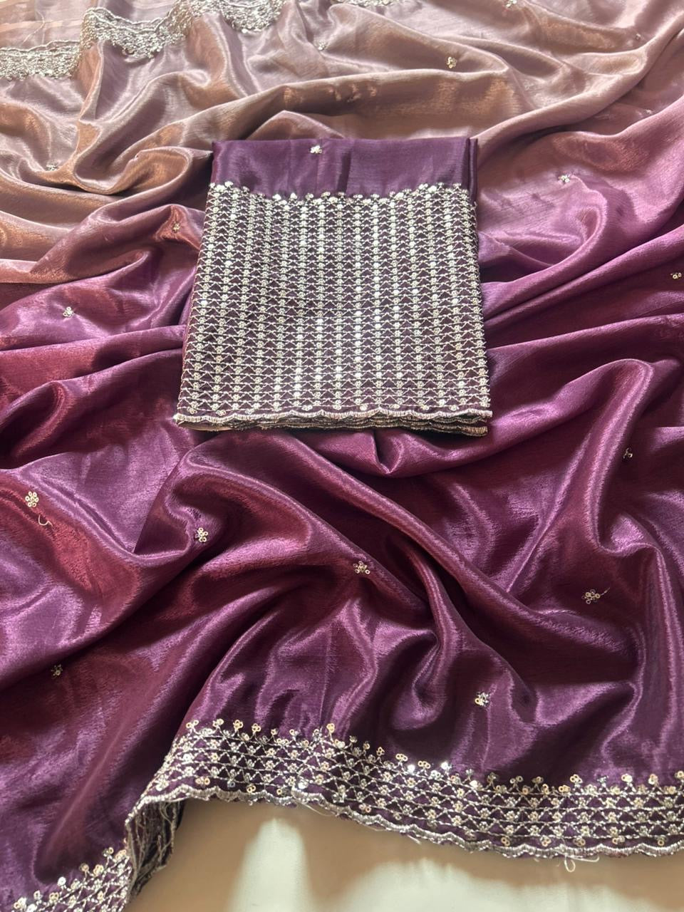 Soft Chinnon Saree With Heavy Embroidery work And Jari Work And Border