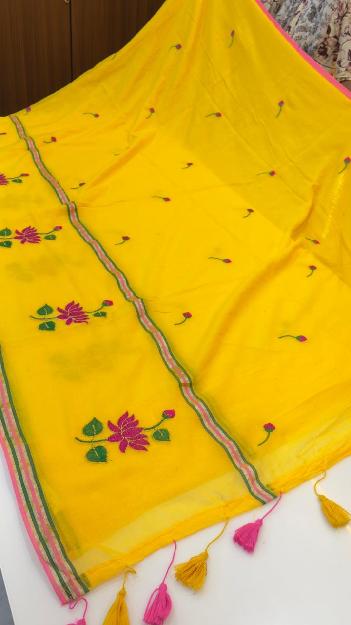 Mul cotton with thread embroidery sarees