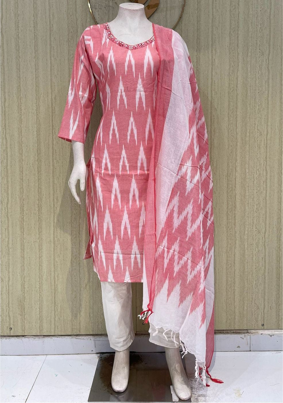 Pure handloom cotton Ikkat design 3 piece set with maggam work across the neck