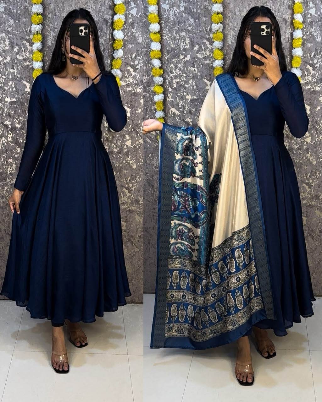 Beautiful plain vichithra anarkali with trending kalamkari duppata(NON-STORE)