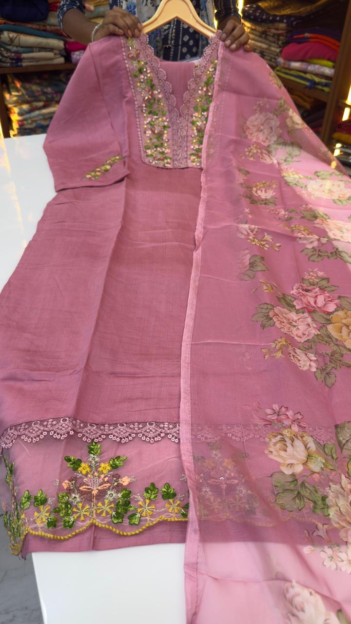 Raw silk 3 piece set with thread embroidery