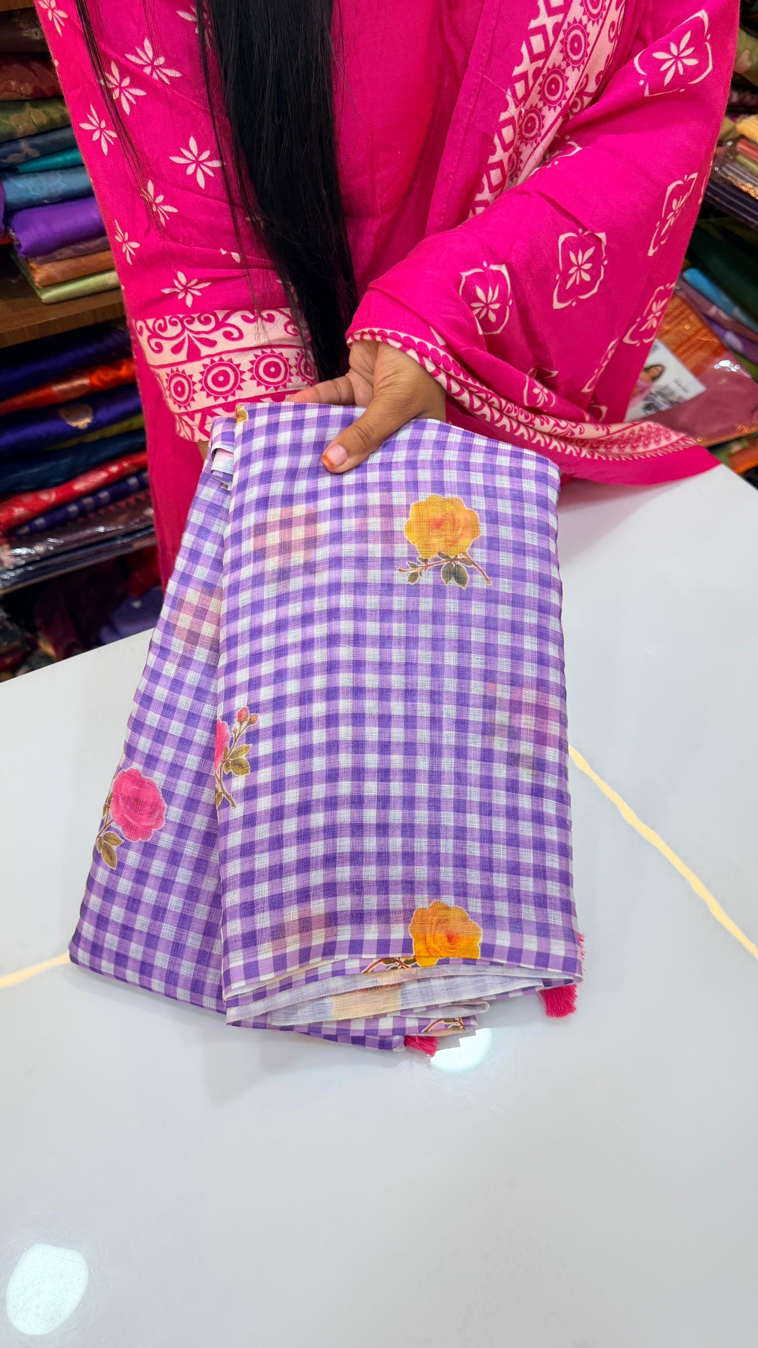 Jute Lenin floral chexs saree