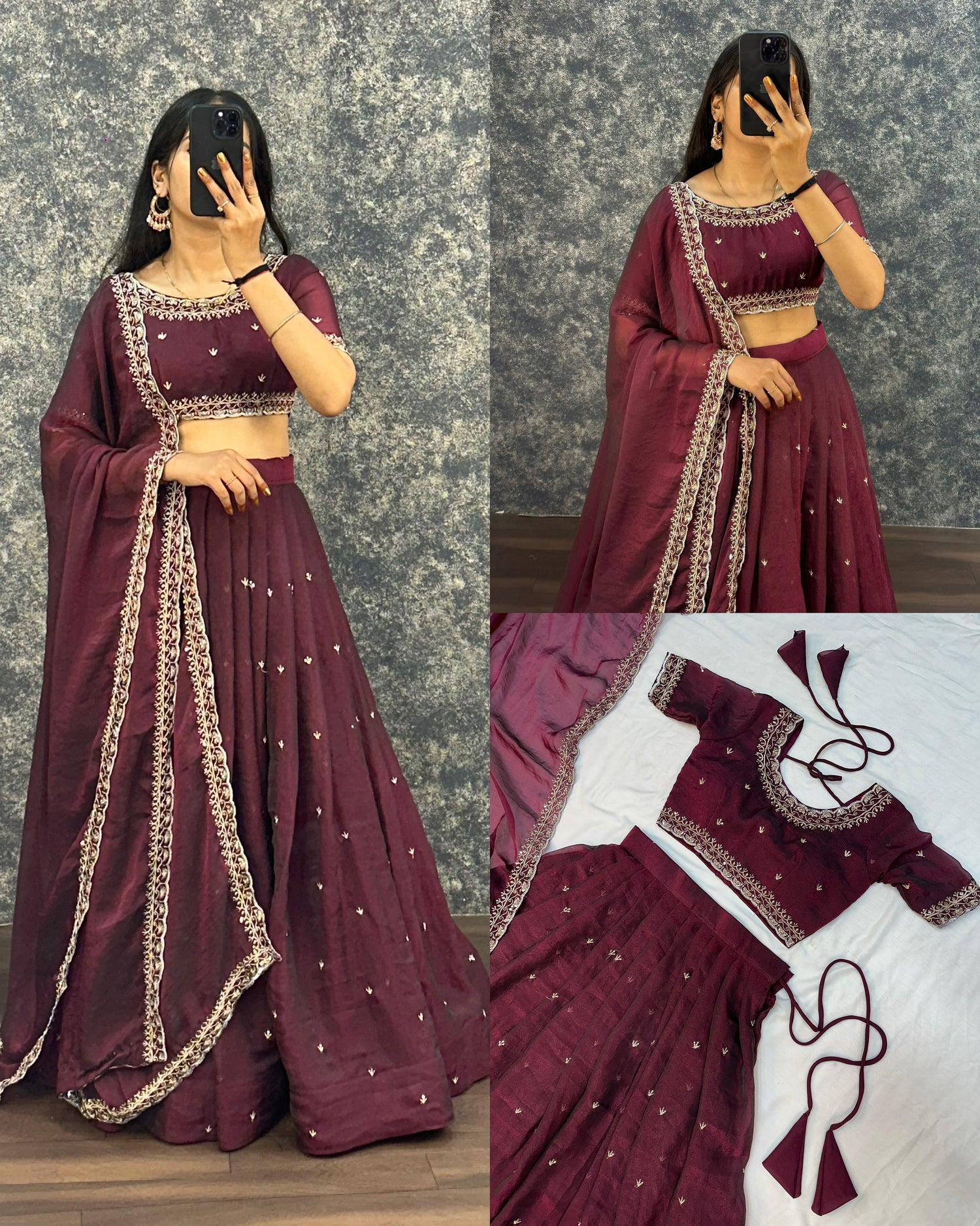 PRIMARY TISSUE SILK WITH EMBROIDERY SEQUENCE WORK READY TO WEAR LEHENGA