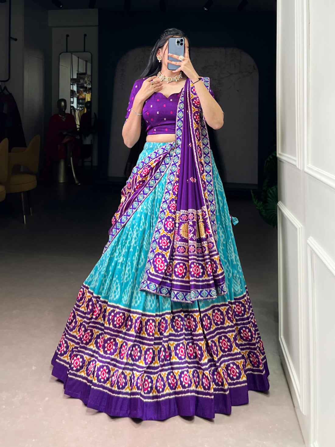Tasar Lehenga in Ikkat print