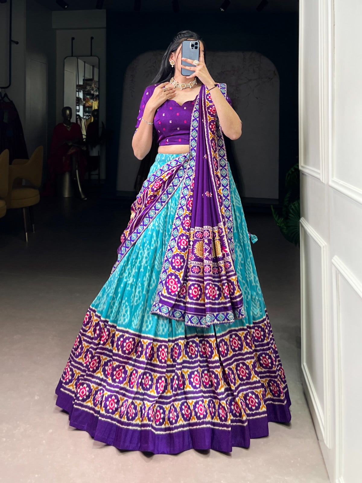 Tasar Lehenga in Ikkat print