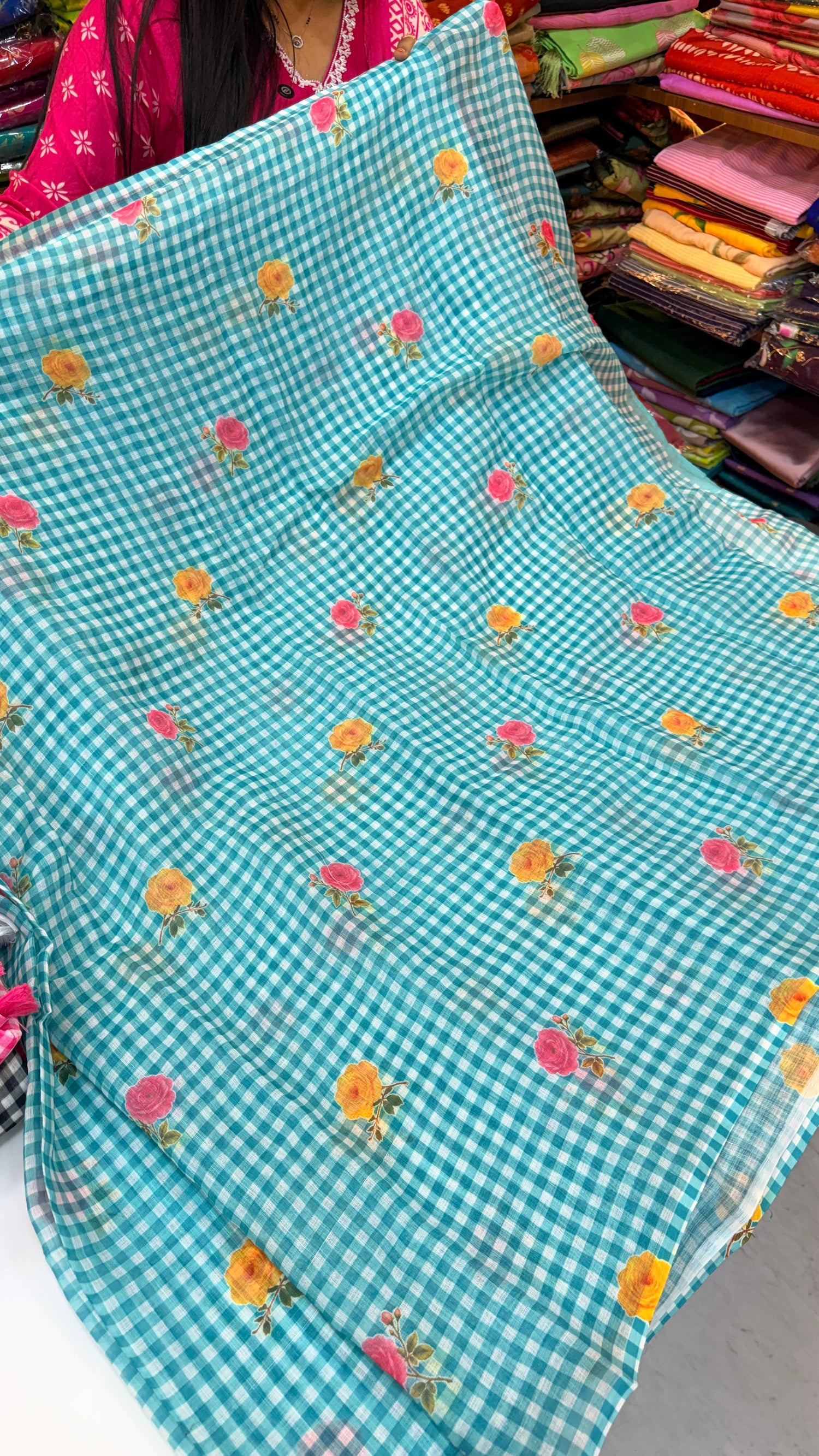 Jute Lenin floral chexs saree