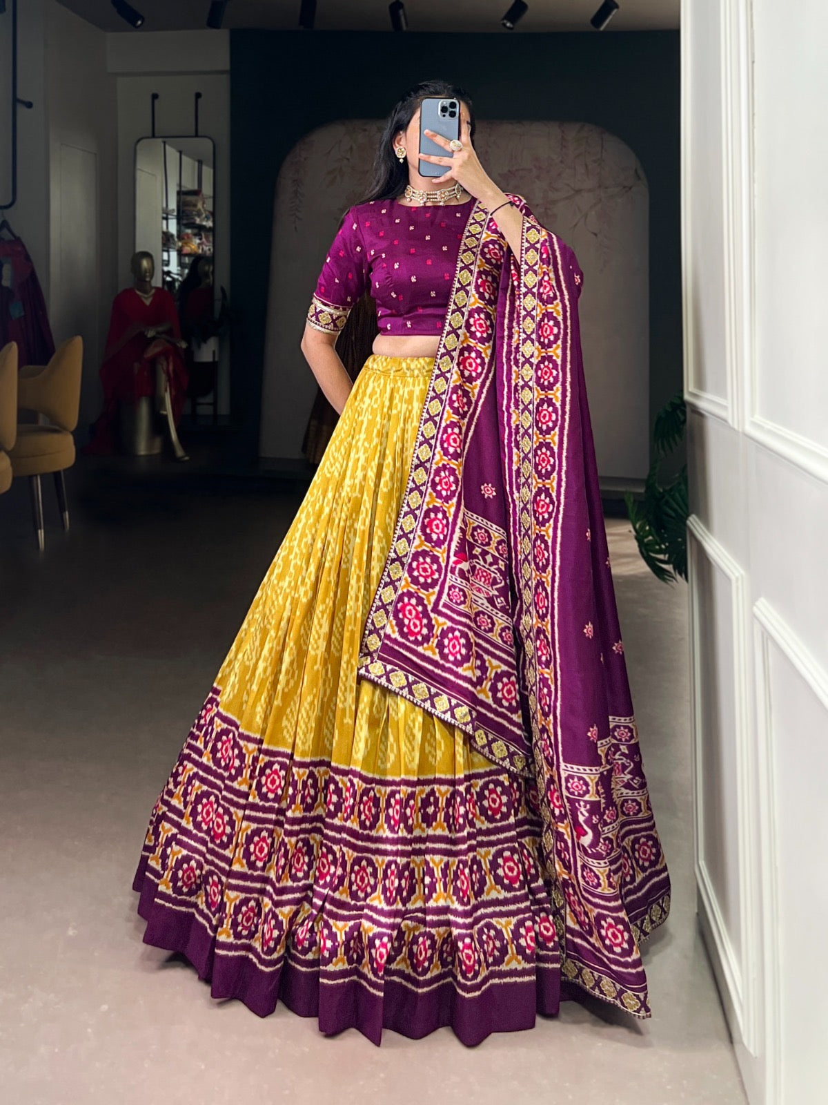 Tasar Lehenga in Ikkat print