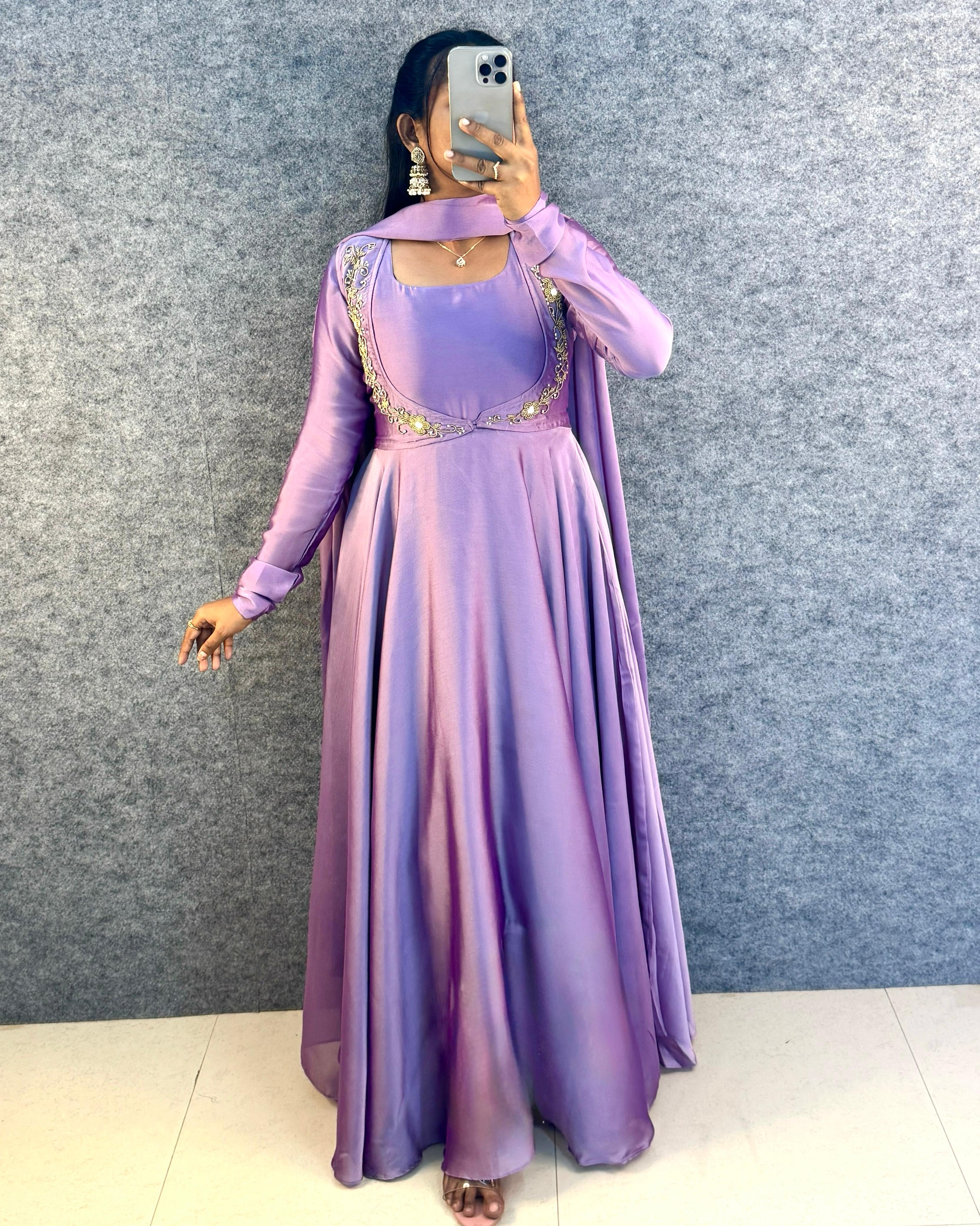 beautiful full sleeve premium rangoli silk gown and with beautiful hand work overcoat