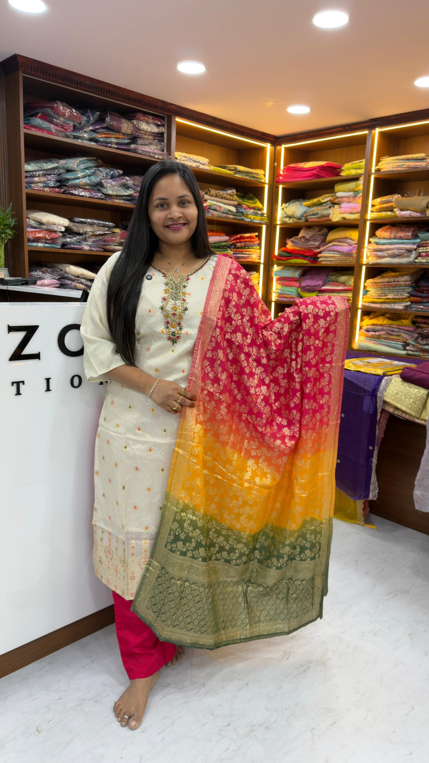 Party wear dress with tri-Color Banarasi duppata