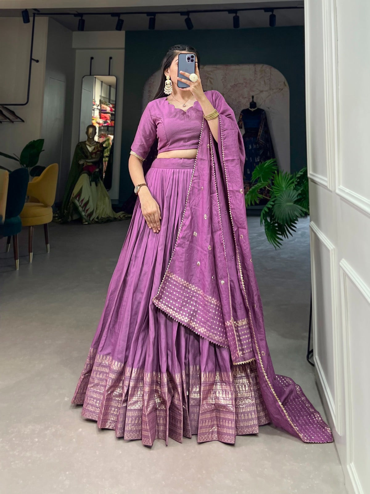 Pure Chanderi Plain Lehenga with Intricate Zari Work Border, Accompanied by Sequin Embellished Dupatta