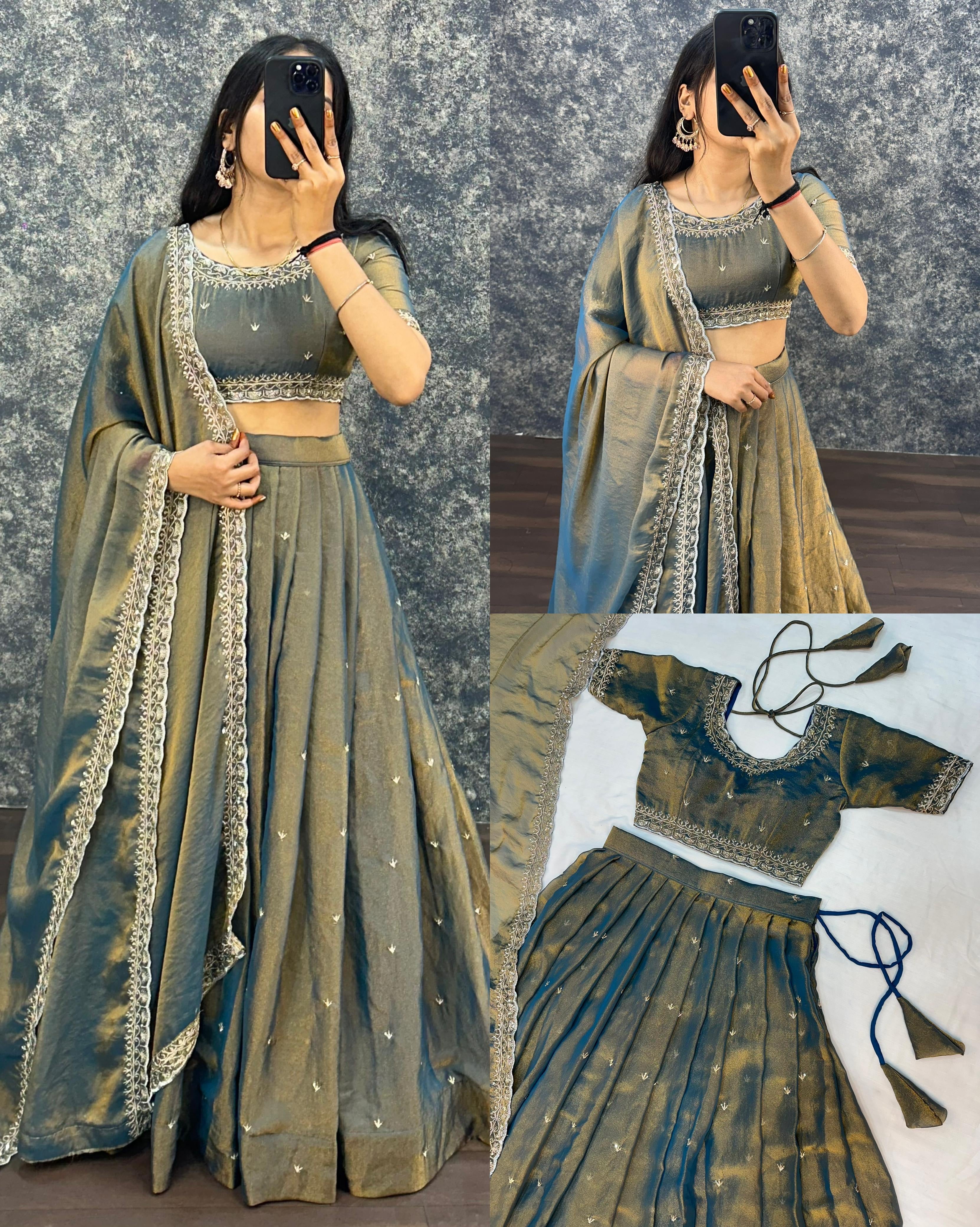 PRIMARY TISSUE SILK WITH EMBROIDERY SEQUENCE WORK READY TO WEAR LEHENGA