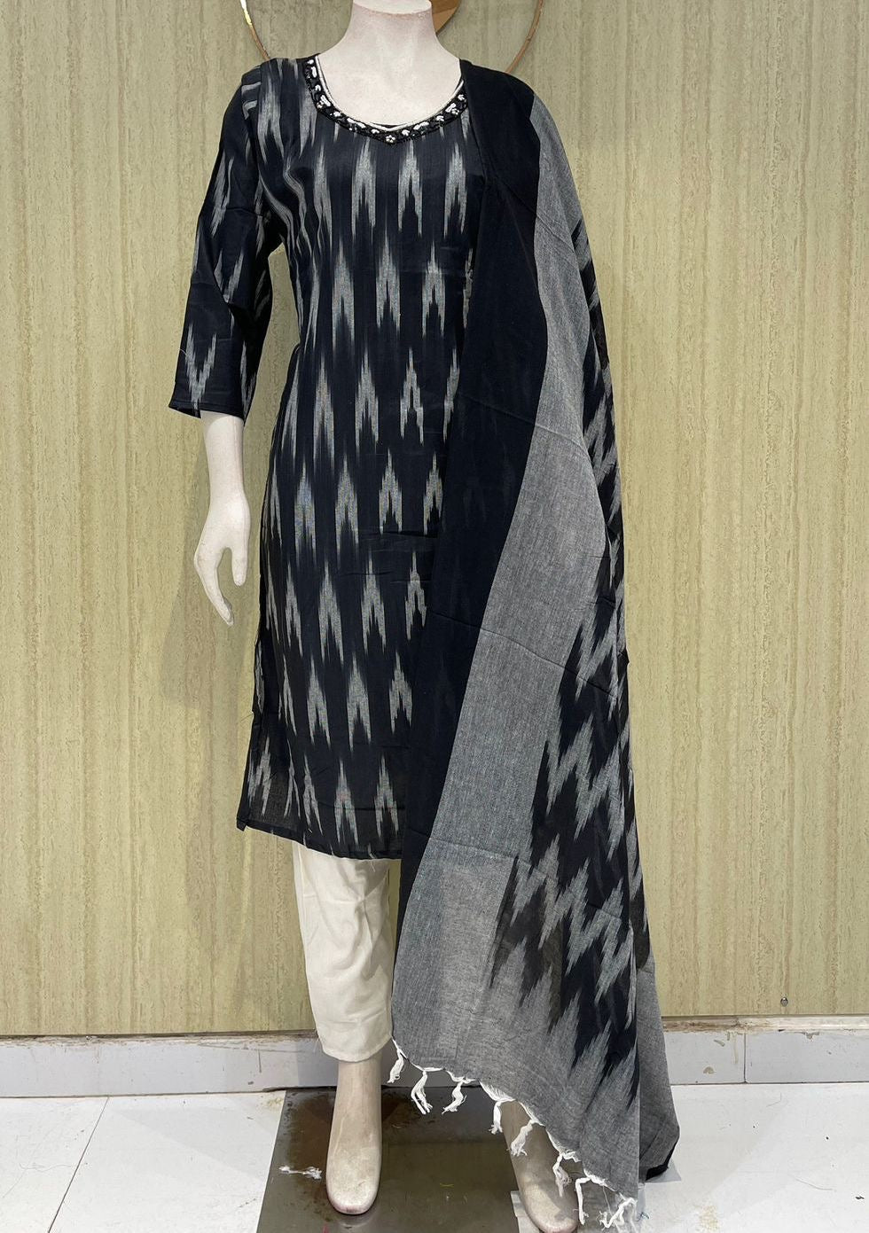 Pure handloom cotton Ikkat design 3 piece set with maggam work across the neck