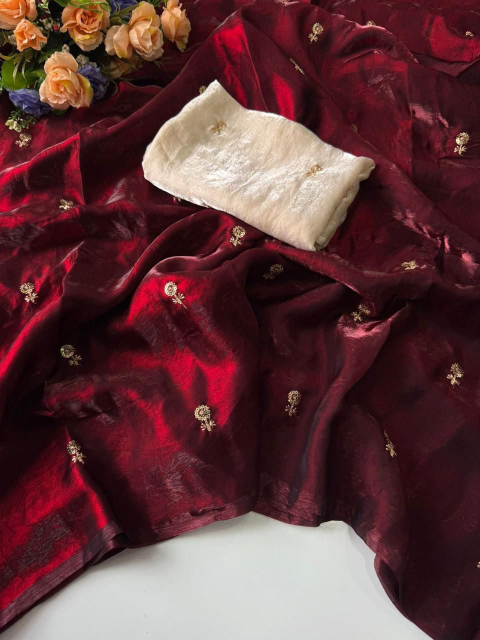 Fendy Sattin Multi Sequence Emrodairy Work With Contrast Running Blouse