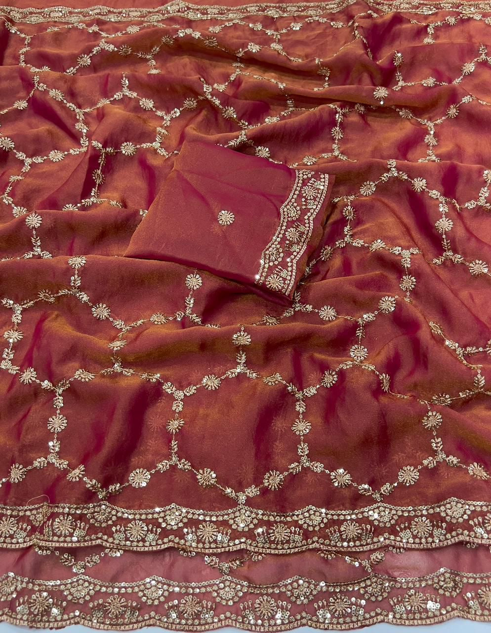 NC Moss Sattin Dual Shad Multi Sequence Emrodairy Work Saree With Running Blouse