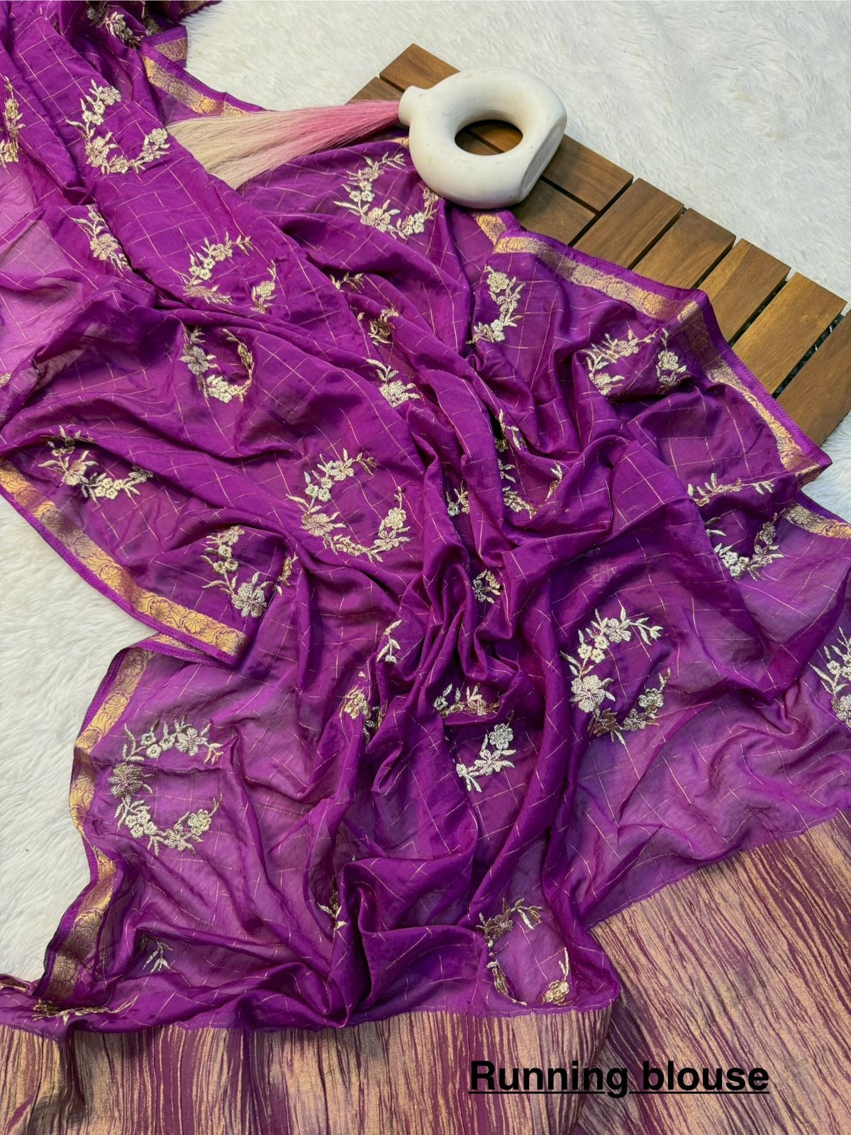 Pure chinnon Viscose Chex embroidery Squence Saree With viscose butti blouse