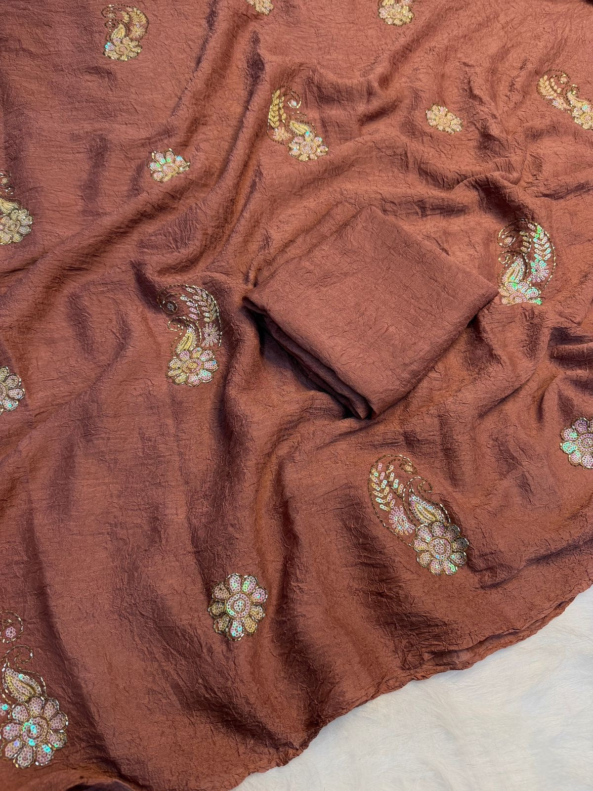 Soft crush silk embroidery and cut Dana work saree with plain running blouse(Non-Store)