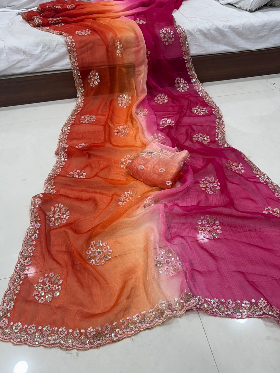 Fendy Chiffon Shaded Multi Sequence Emrodairy Work Saree With Running Blouse