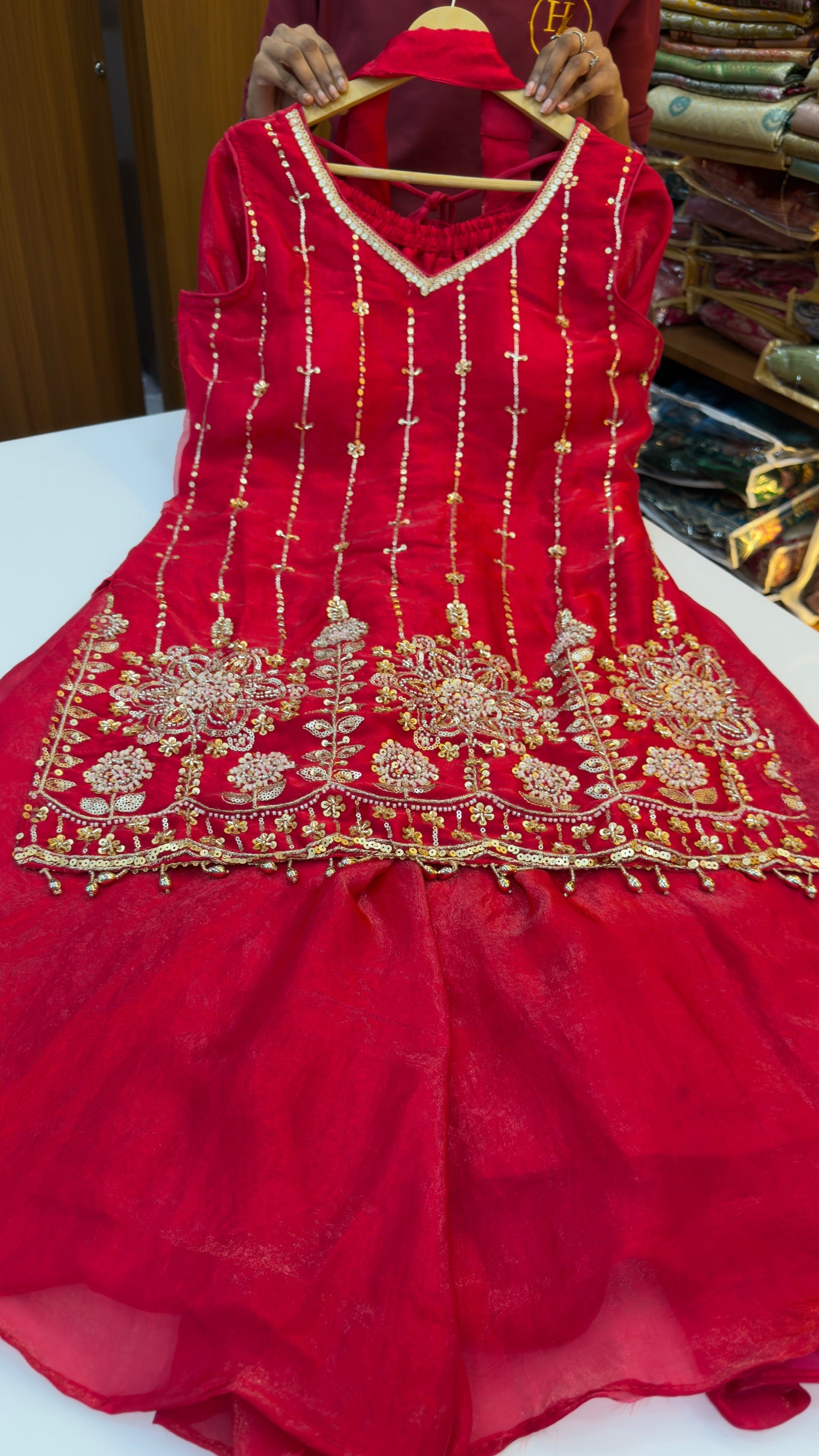 Sharara with heavy work in tomato red color