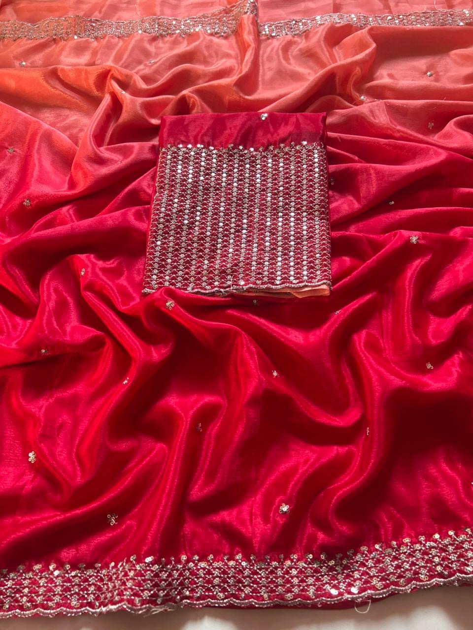 Soft Chinnon Saree With Heavy Embroidery work And Jari Work And Border