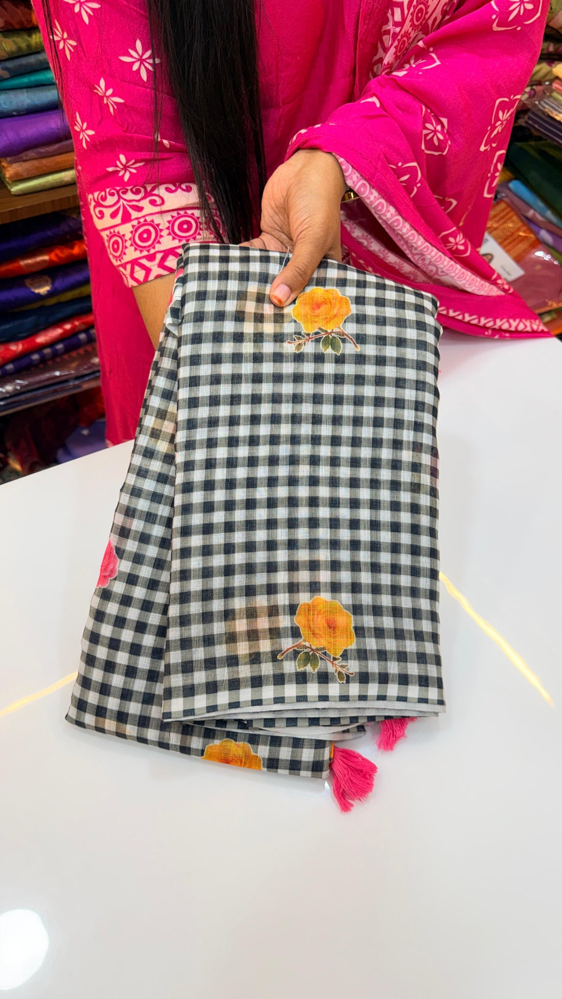 Jute Lenin floral chexs saree